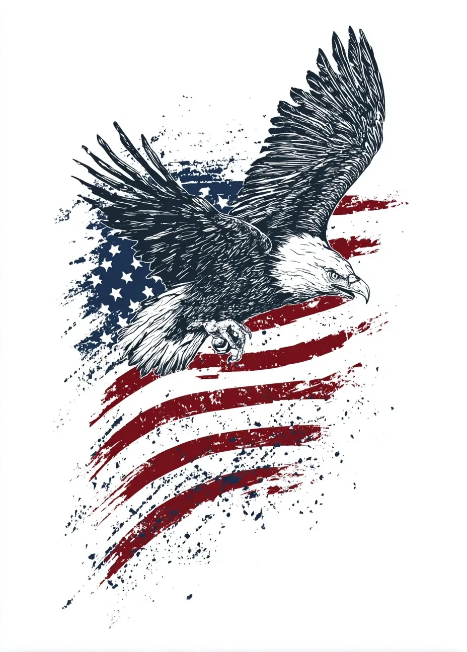A white t-shirt mockup featuring a distressed American flag with black ink and a soaring eagle graphic design.