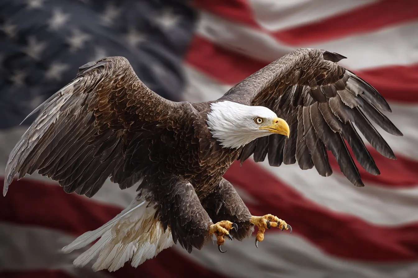 A realistic bald eagle with talons forward flying in front of a waving American flag.