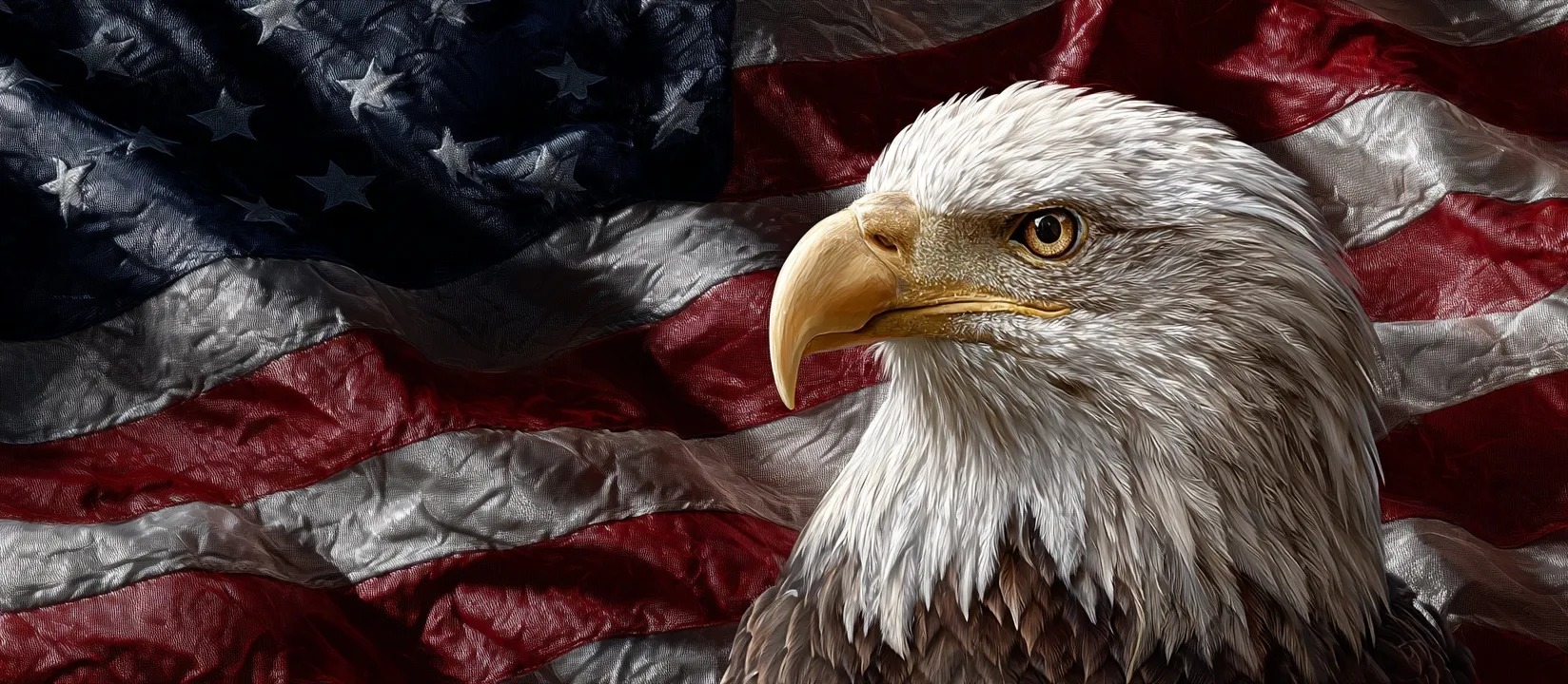 A photorealistic bald eagle flying in front of a waving American flag, captured in ultra-detailed resolution.