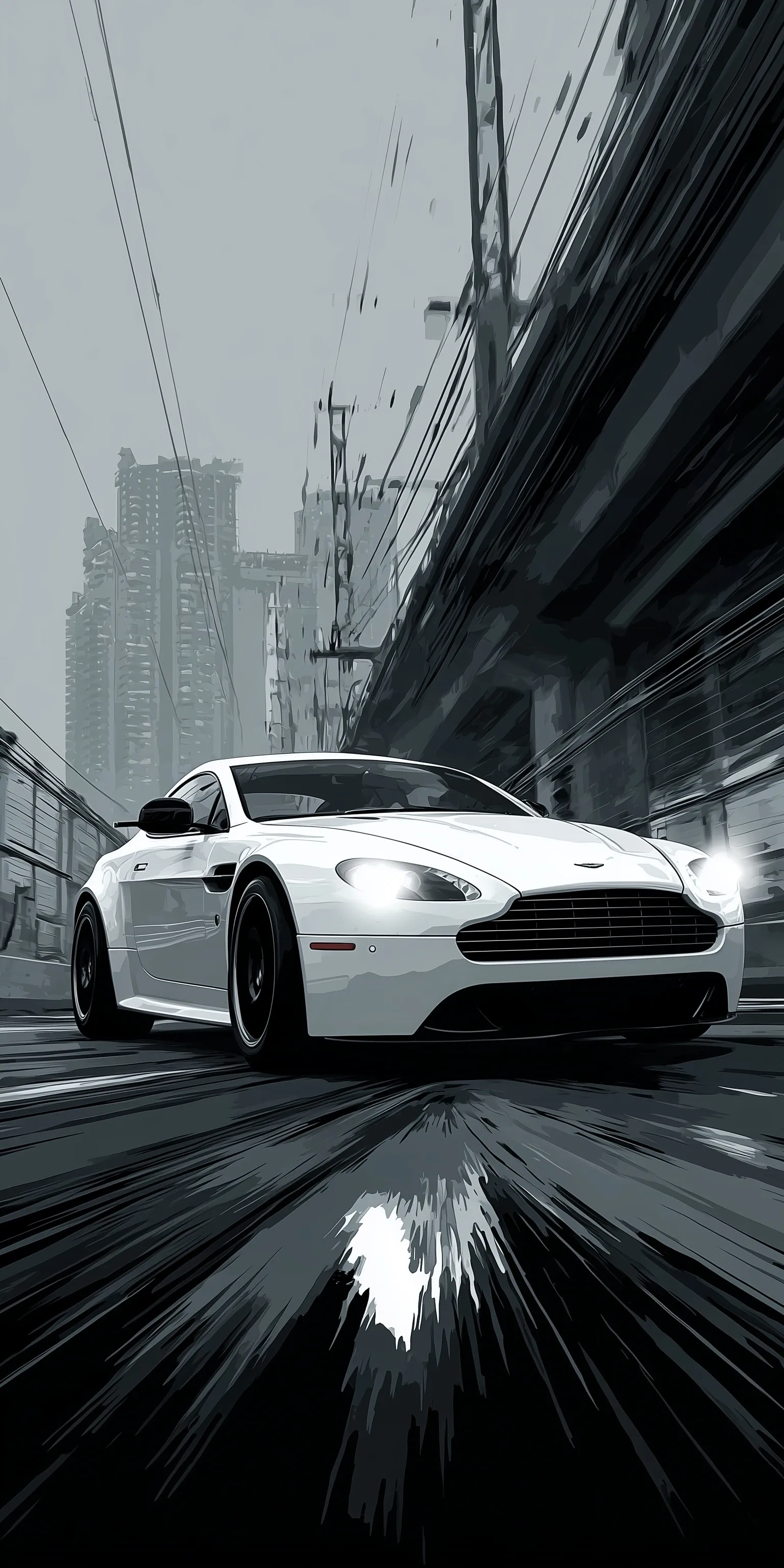 2007 Aston Martin Vantage driving fast with motion blur vector lines on a clean white background.