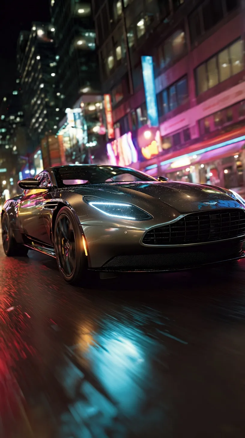 A sleek Aston Martin driving through a neon-lit futuristic city at night, captured in hyper-realistic 8K detail.