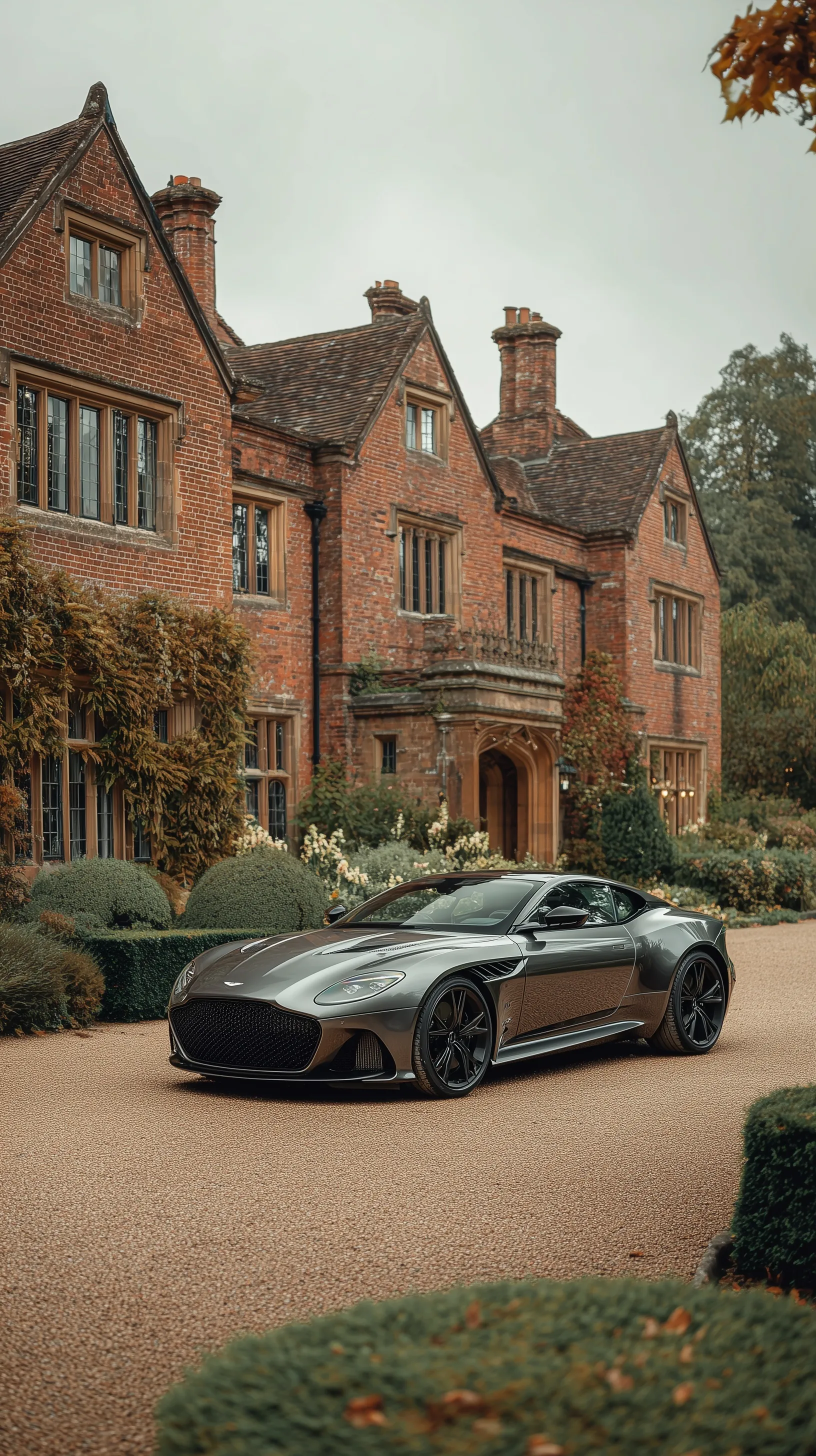 Aston Martin DBS Superleggera parked at a luxury English countryside mansion, cinematic 8K aesthetic wallpaper.