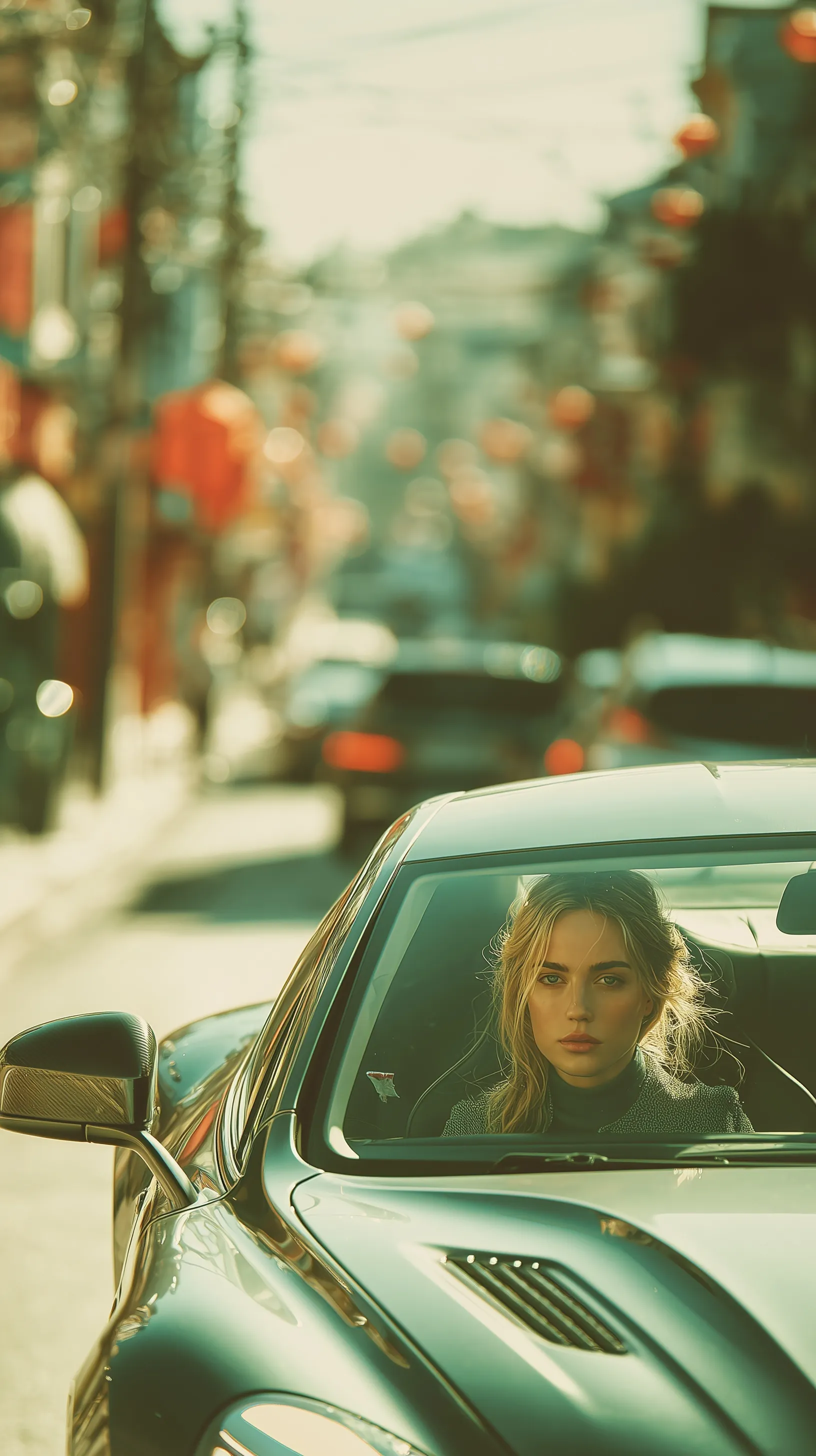 A stylish woman driving a luxury Aston Martin sports car on a city street, perfect for iPhone wallpaper.