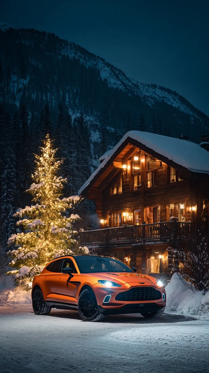 Orange Aston Martin DBX 707 parked at a snowy mountain villa at night with Christmas lights and glowing headlights.
