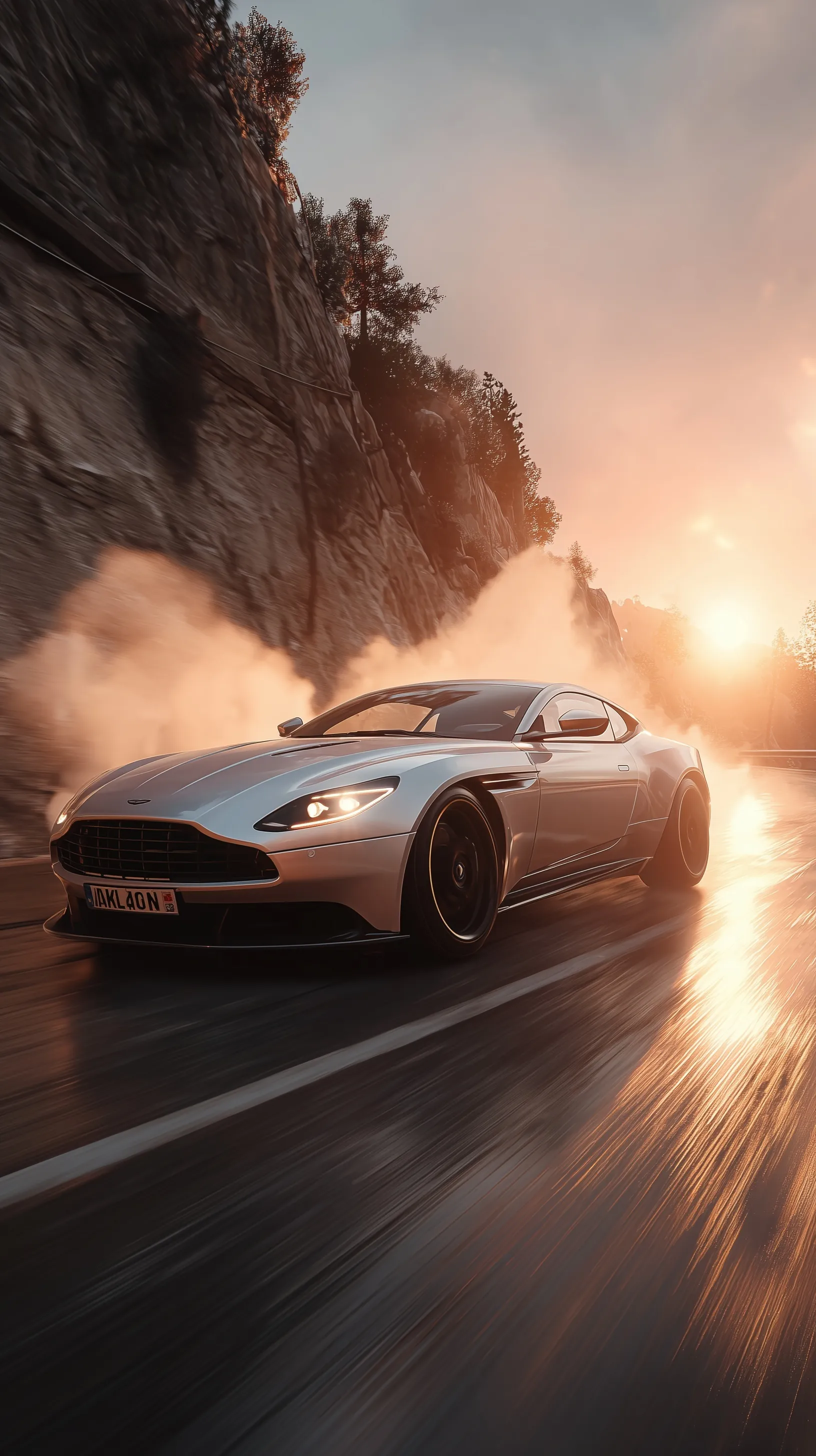Silver Aston Martin drifting on a scenic coastal cliff road at golden hour with tire smoke and motion blur.