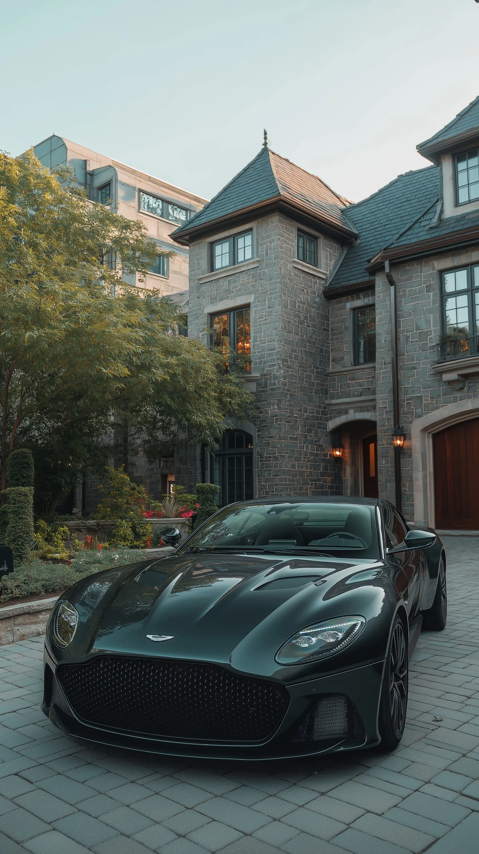 A sleek black Aston Martin sports car parked in front of a modern luxury home, perfect for an iPhone wallpaper.