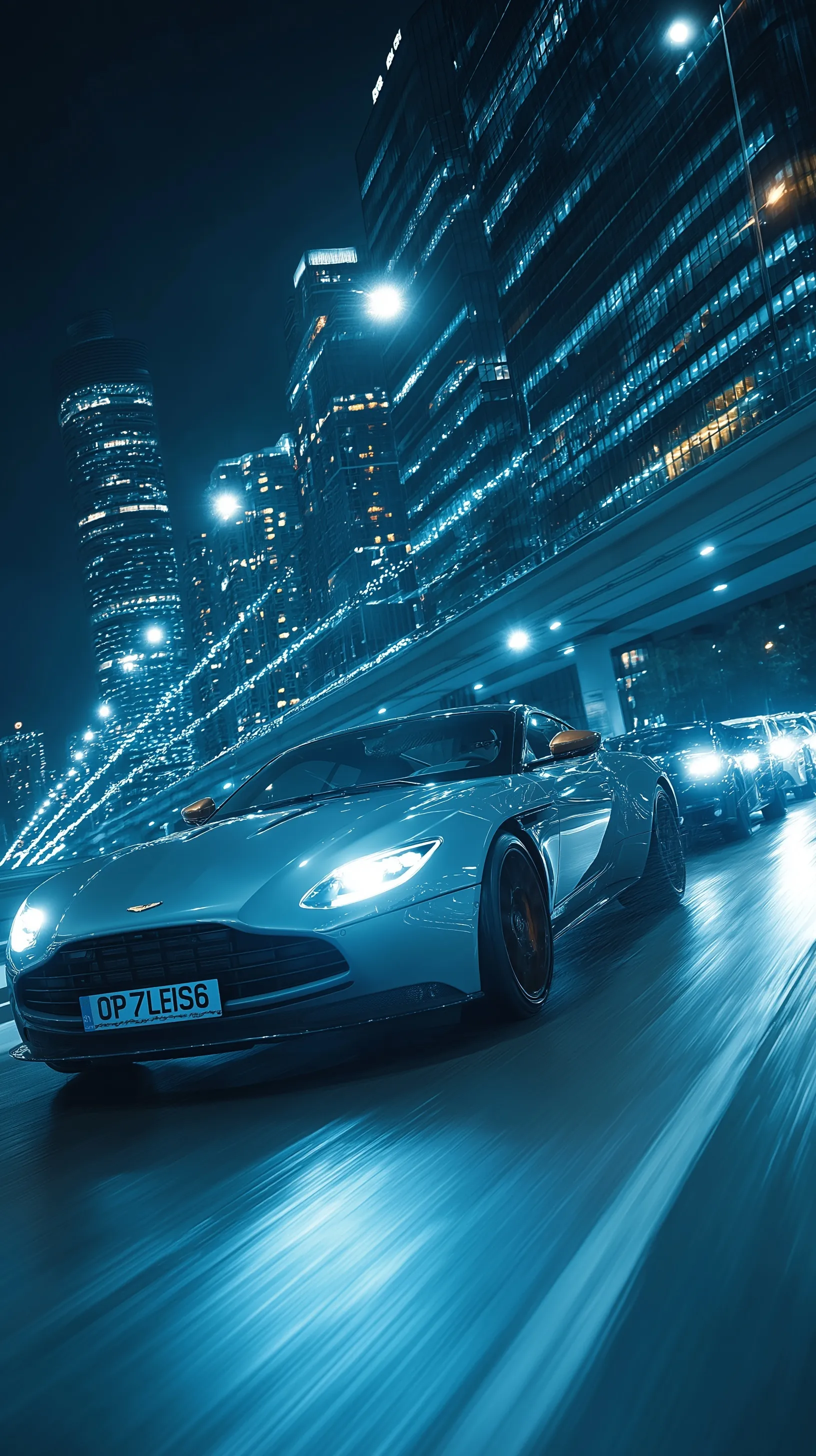 Luxury sports cars including an Aston Martin driving at night on a modern highway with cinematic motion blur.