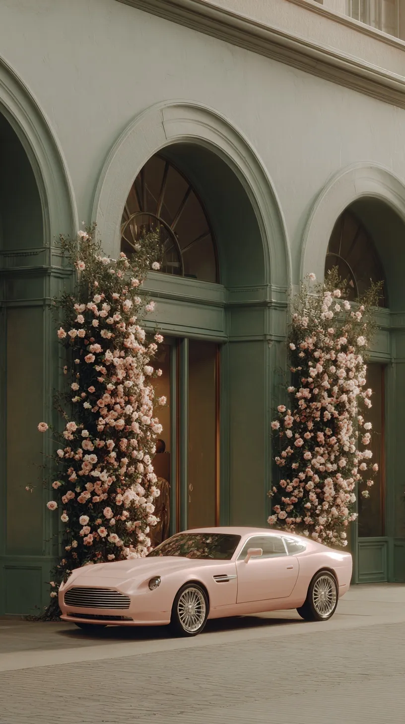 Pastel pink Aston Martin luxury coupe parked under floral arches at a boutique for a stylish iPhone wallpaper.