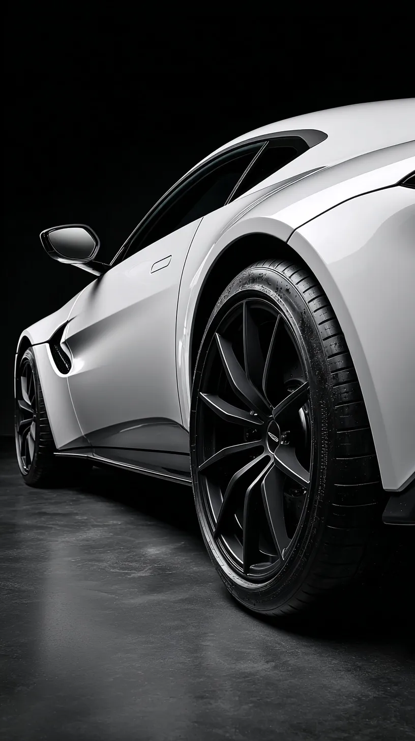 White Aston Martin Vantage sports car with black wheels against a sleek black studio background.