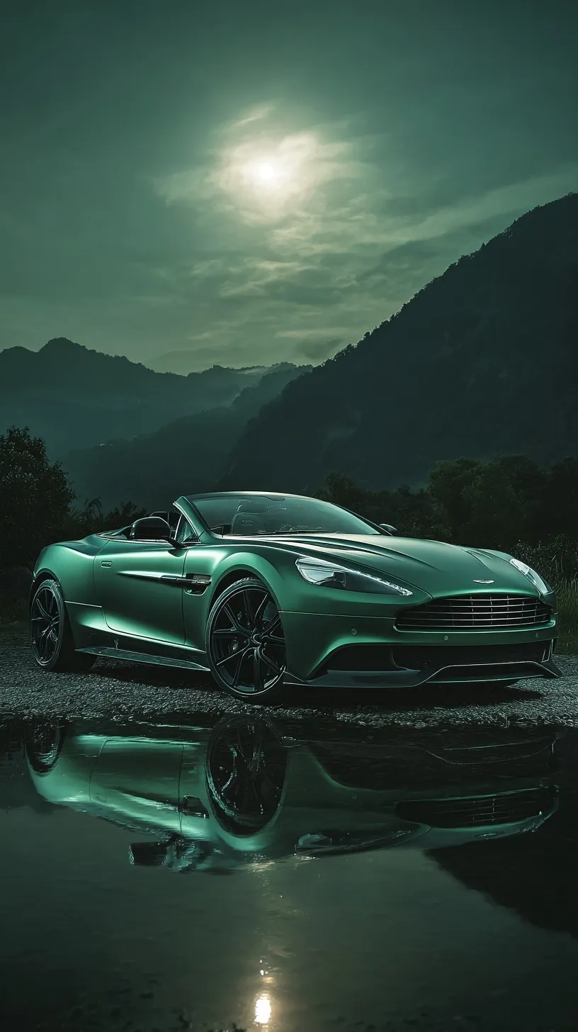 Aston Martin Vanquish Volante parked by a lake under a full moon with mountain scenery and cinematic green lighting.