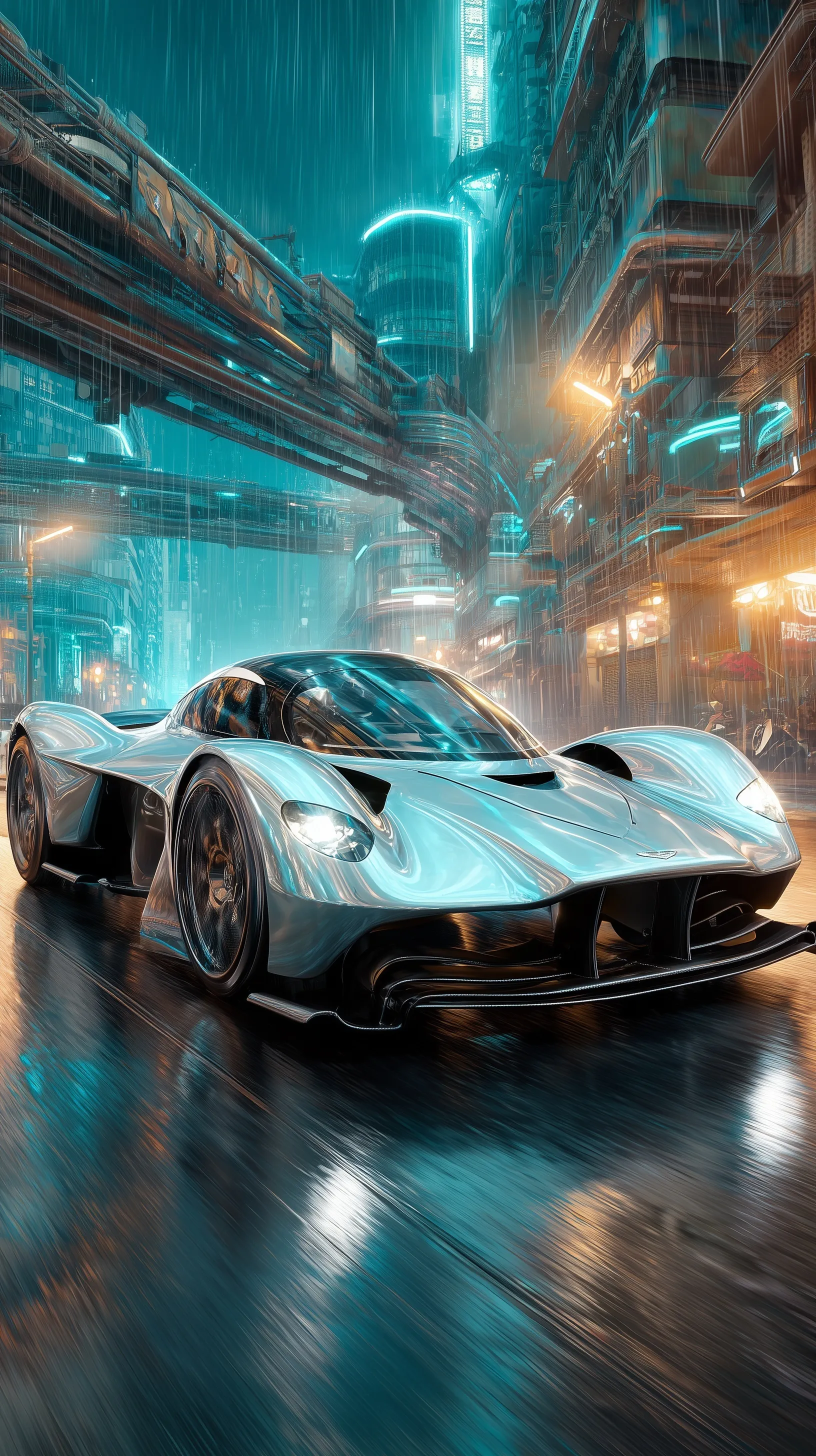 A sleek vintage silver Aston Martin sports car racing on a neon-lit futuristic highway at high speed.