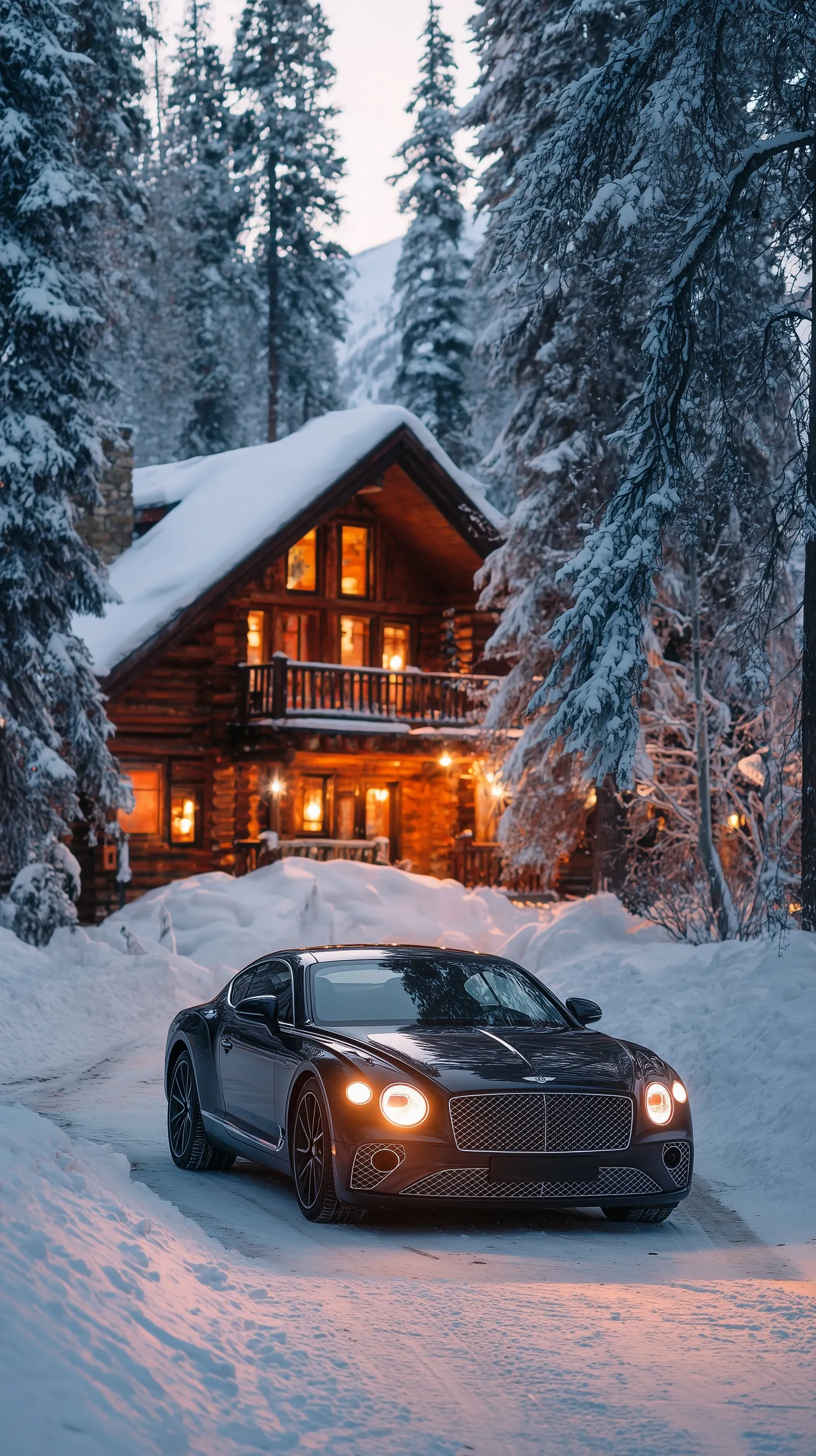 A Bentley Continental GT parked on a snow-dusted driveway in front of a luxury chalet with a glowing warm cabin.