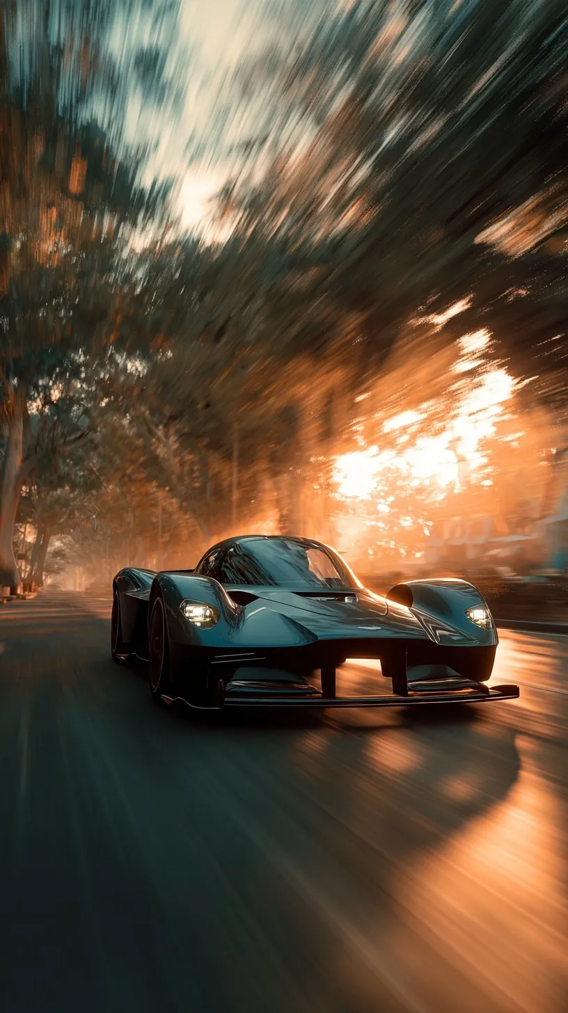 Cinematic motion blur shot of an Aston Martin Valkyrie drifting at high speed, perfect for iPhone wallpaper.