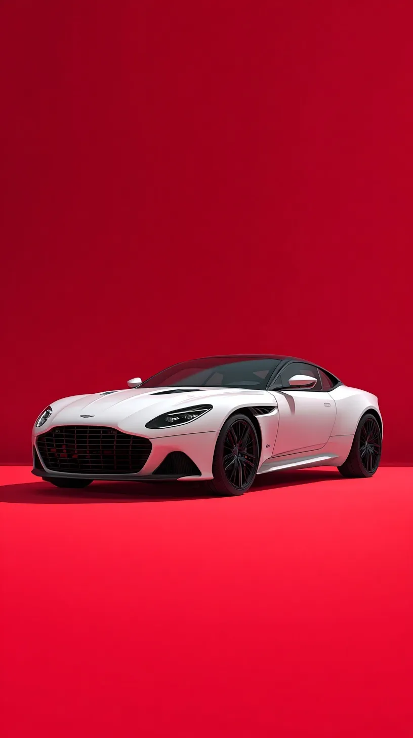 A sleek white Aston Martin DB12 sports car captured in a minimalistic studio shot against a bold red background.