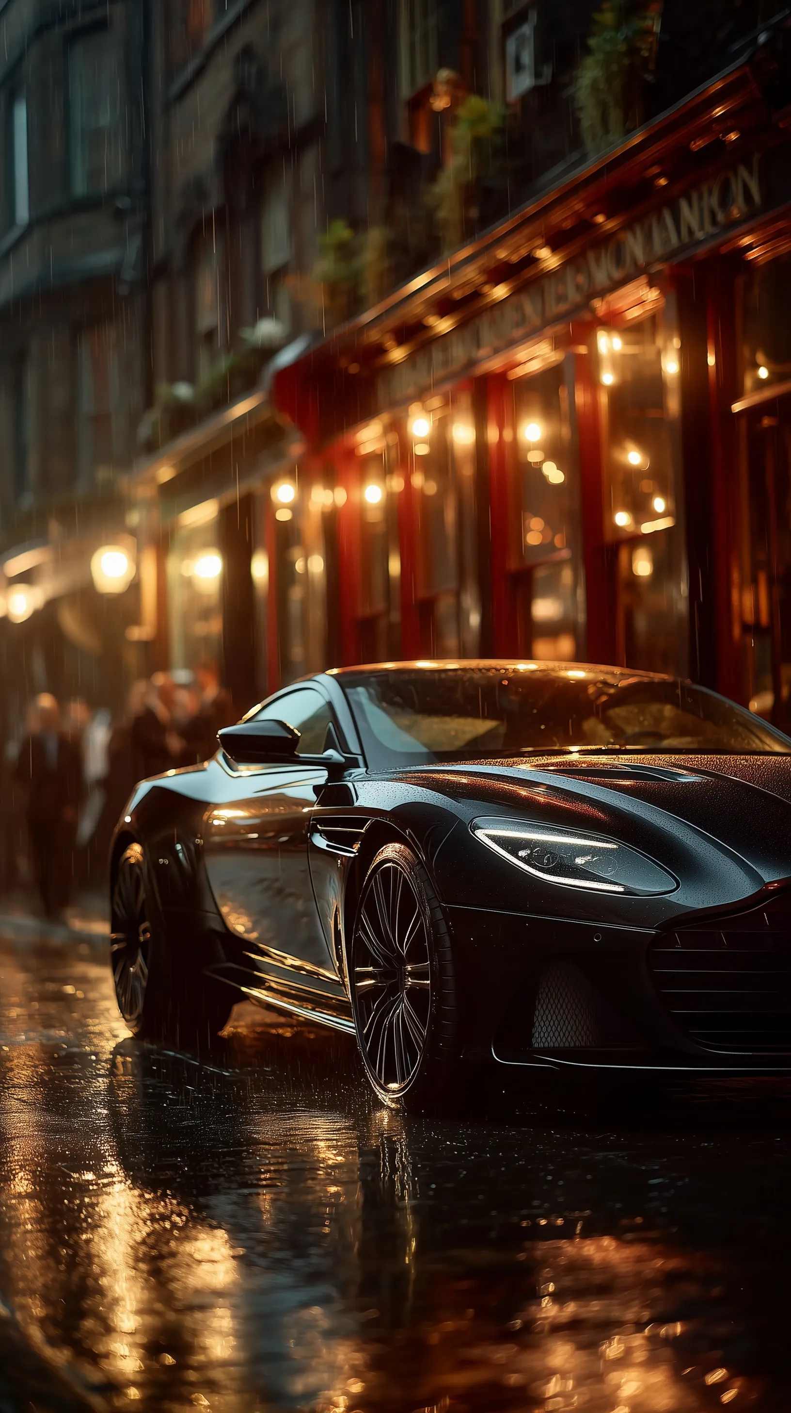A sleek black Aston Martin DB12 parked on a red carpet at night with rain-beaded paint and warm city lights.