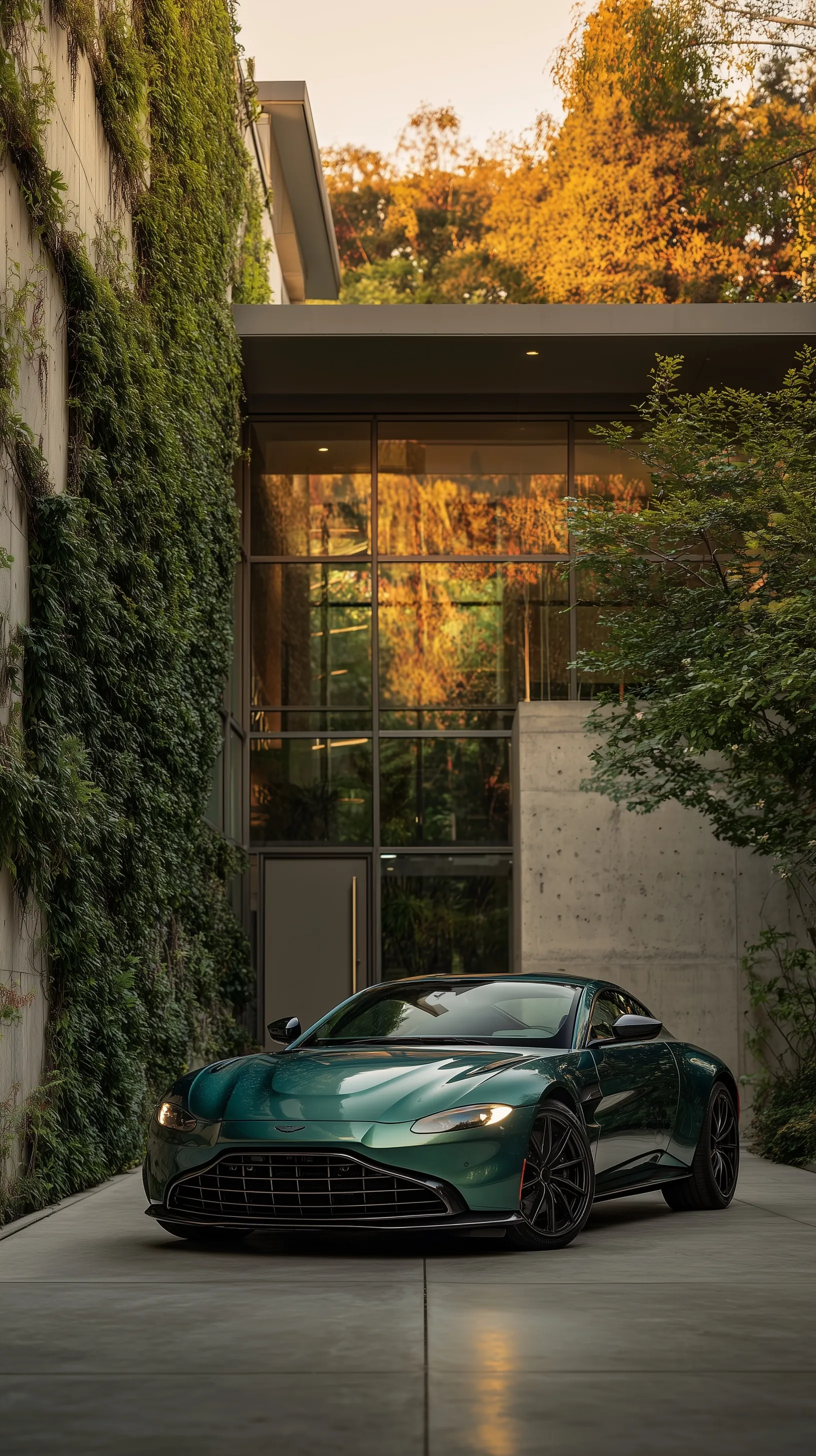 Podium Green Aston Martin Vantage S parked in front of a modern home with ivy walls during golden hour.