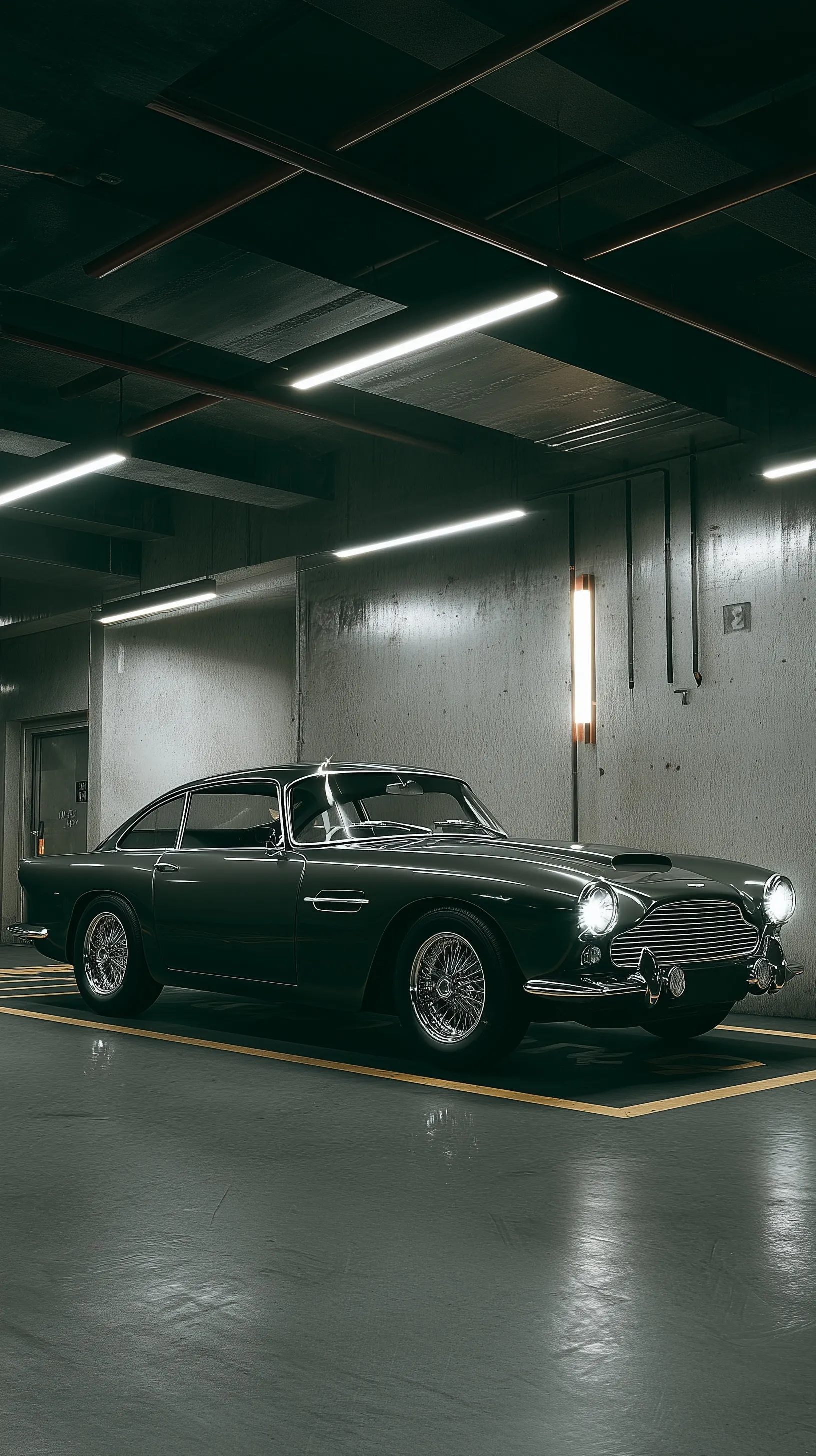 A photorealistic side view of a classic Aston Martin DB4 parked in a sleek, modern underground garage.