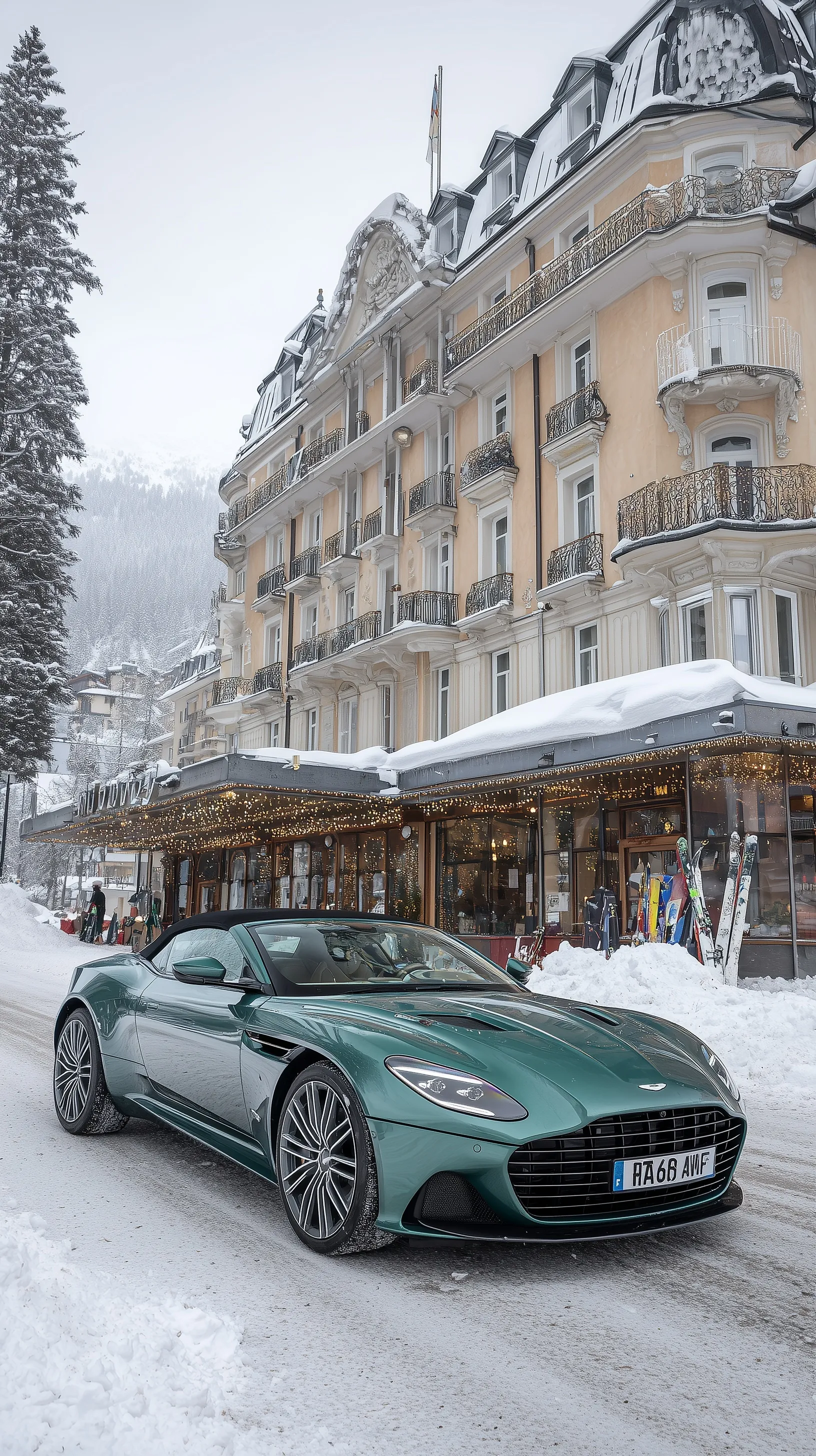 Aston Martin DB12 Volante in Buckinghamshire Green parked in front of Badrutt’s Palace Hotel, St. Moritz, snowy backdrop.