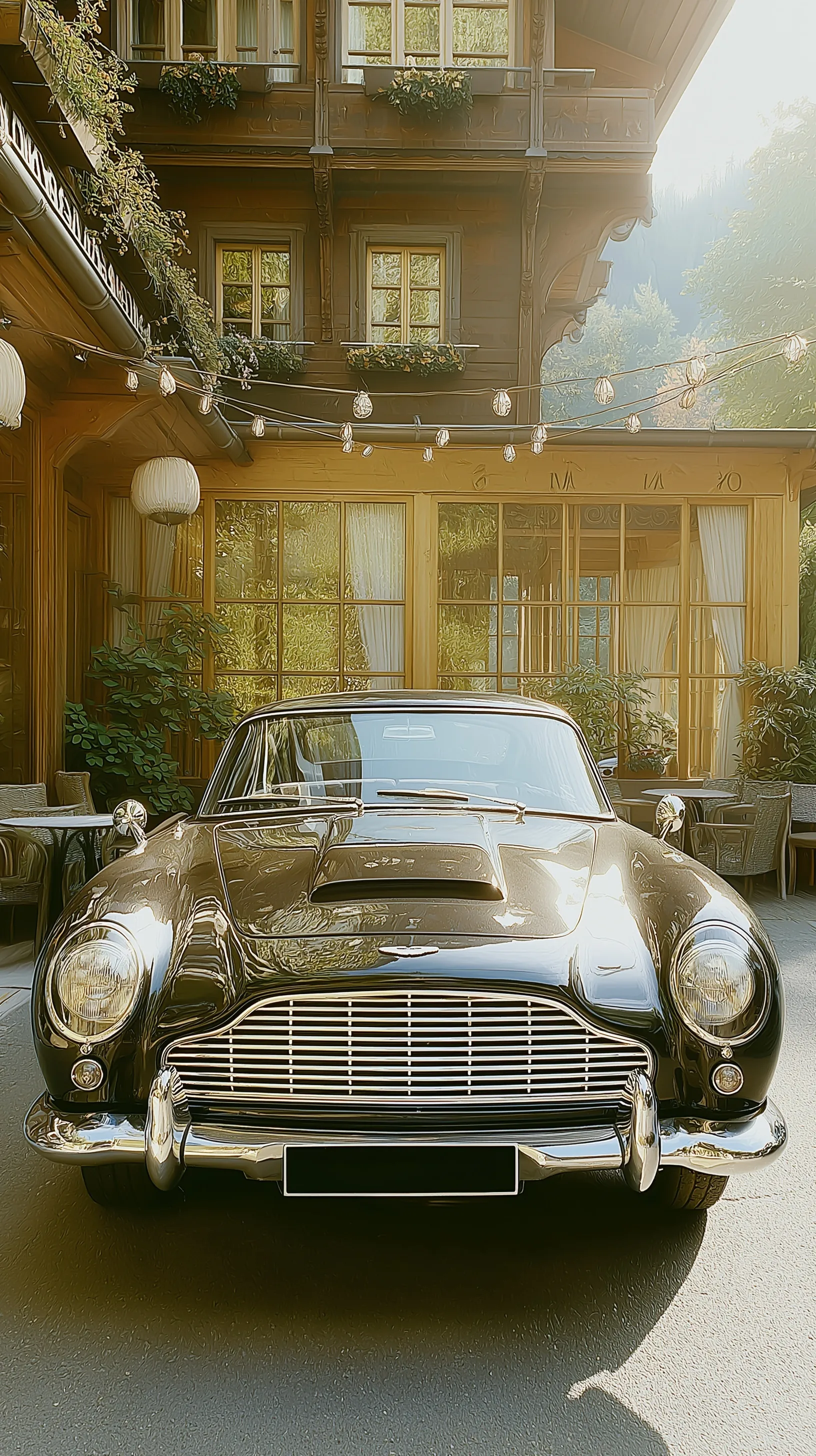 A vintage Aston Martin parked in front of a rustic wooden storefront in Gstaad, Switzerland.