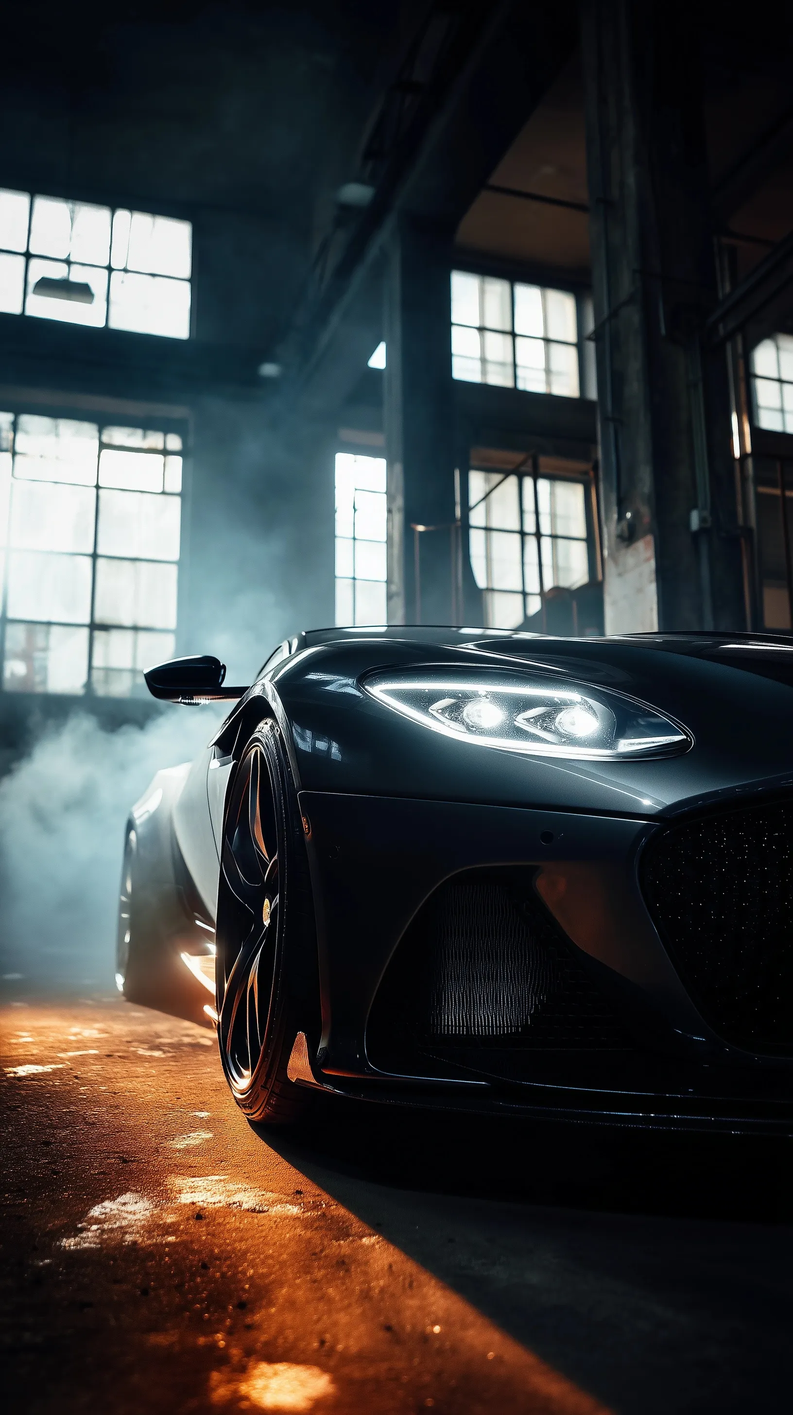 Dark grey Aston Martin DBS Superleggera with aggressive bodykit parked in a gritty, cinematic industrial warehouse.