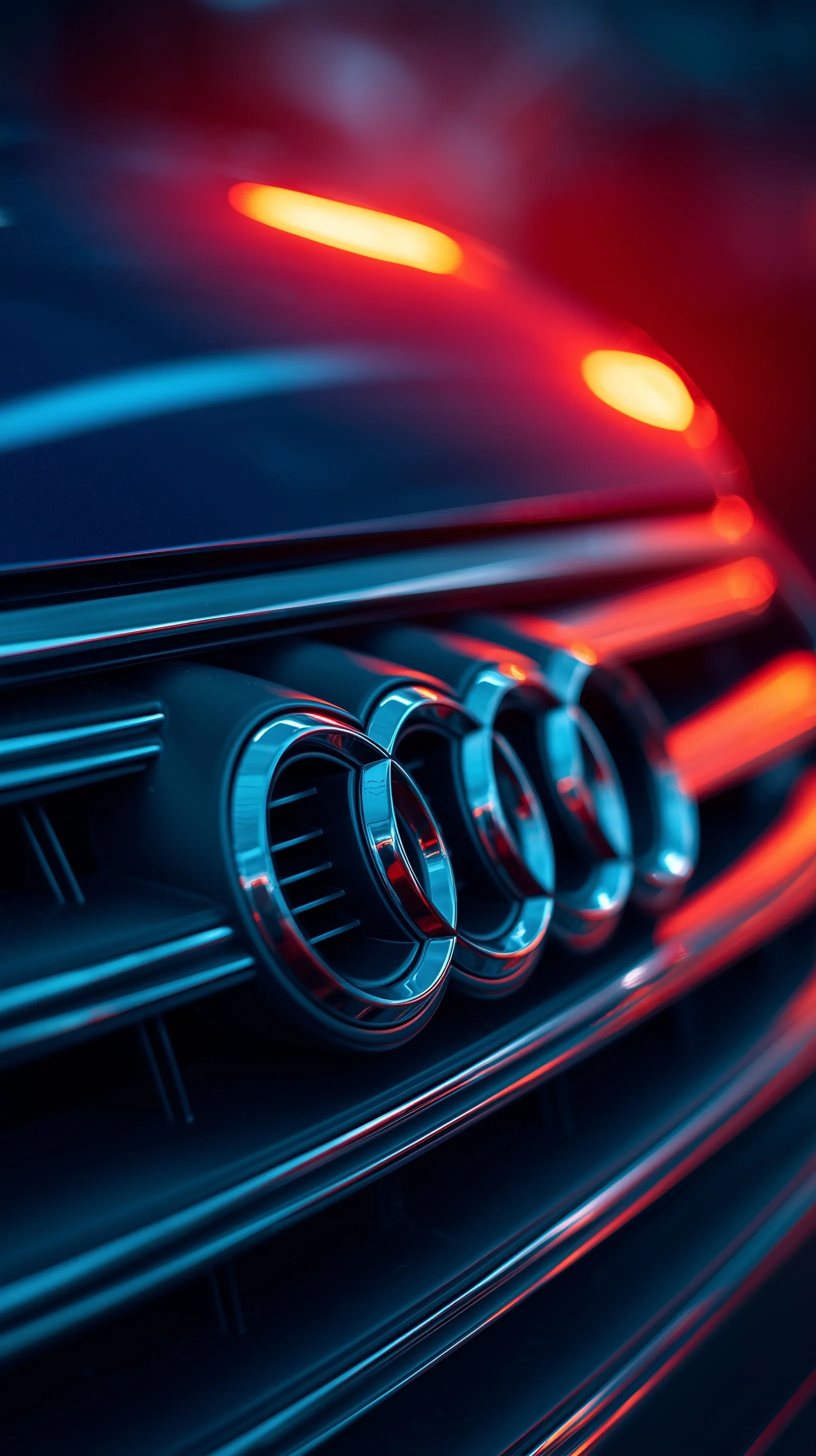 Close-up of a metallic Audi logo with glowing red and blue cinematic lighting on a dark background.