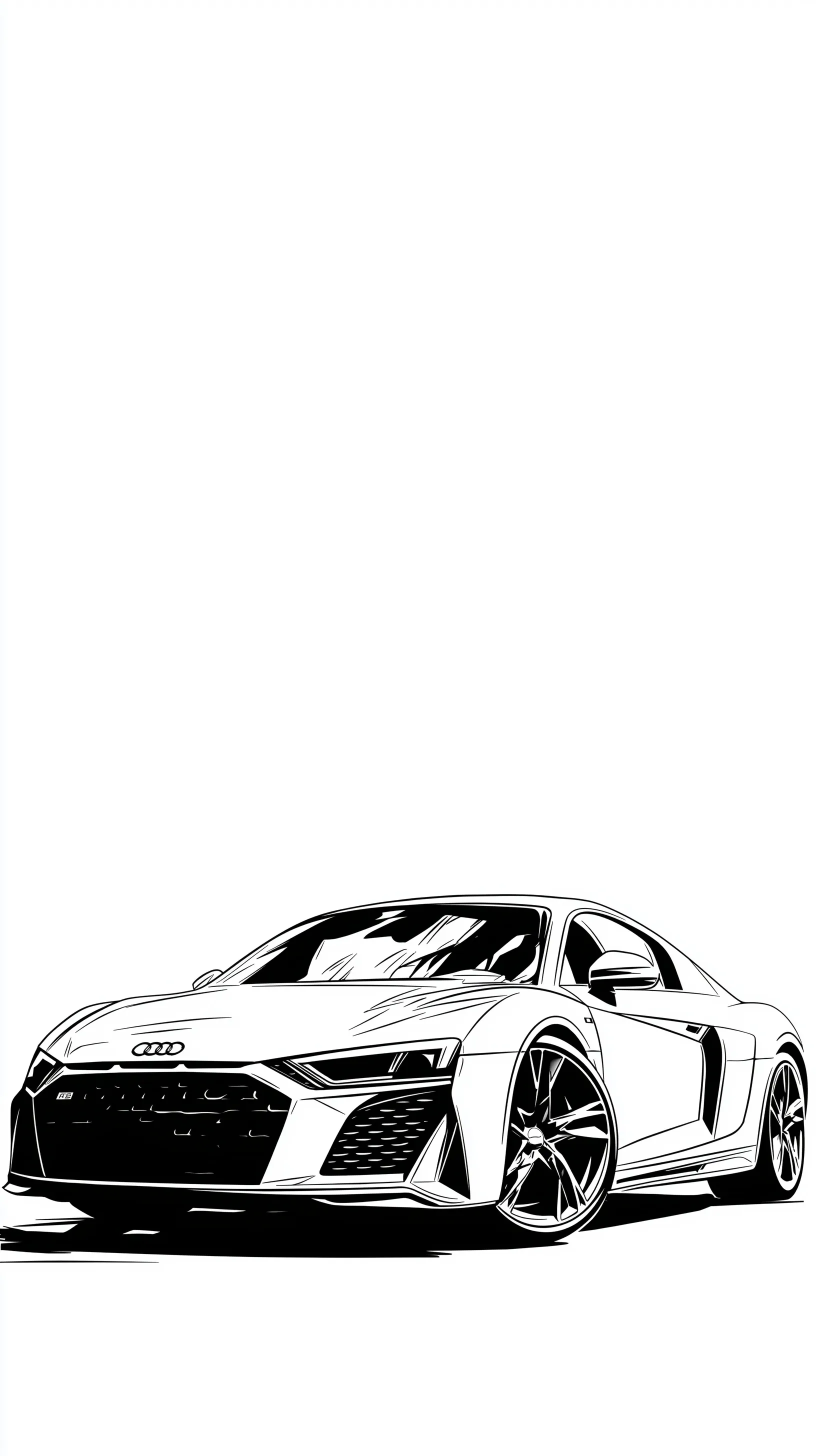 Vector style 2025 Audi R8 coloring book page with bold black lines on a clean white background.