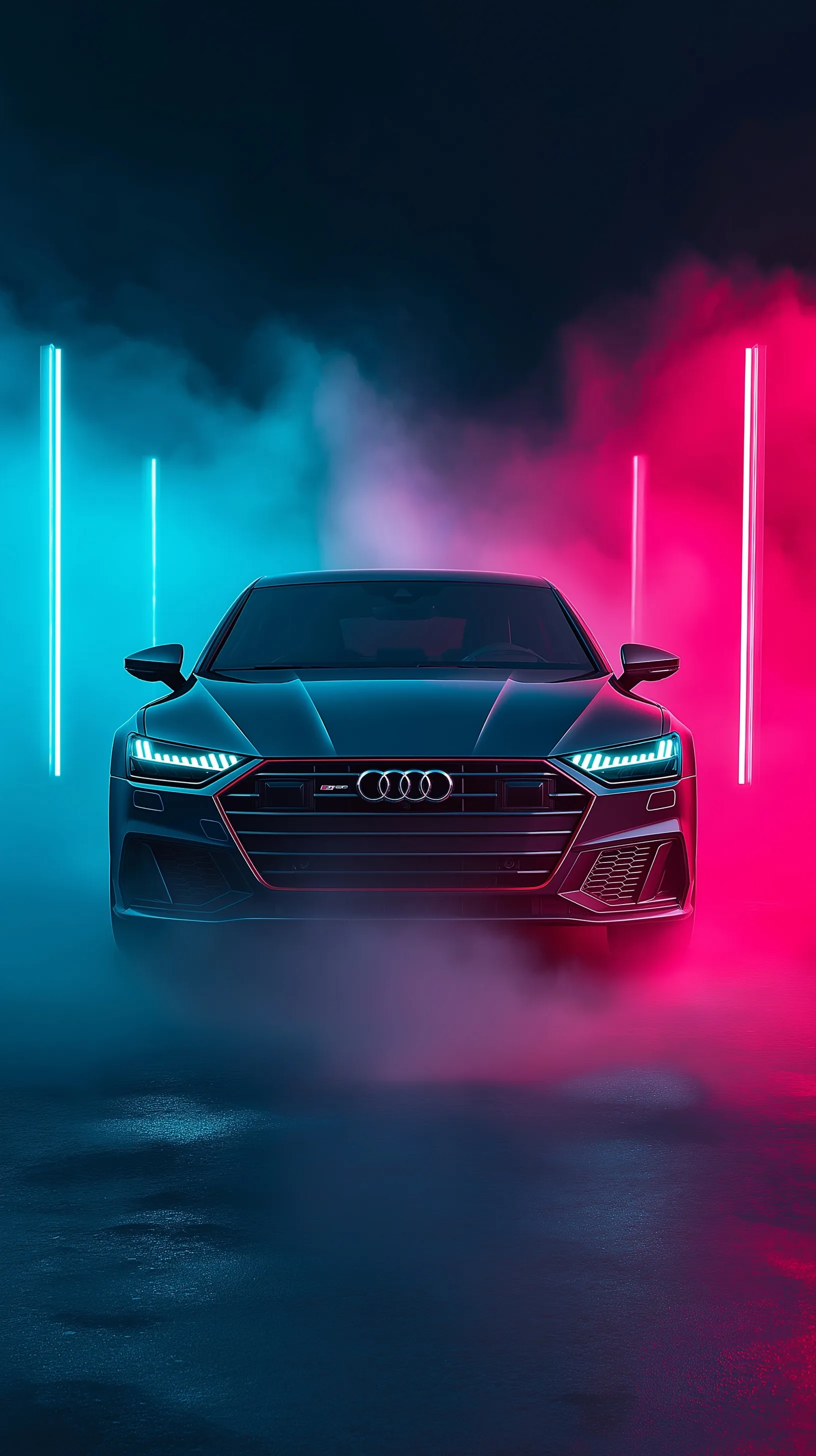 Cyberpunk Audi A7 front view with neon lights and fog on a dark background, hyper-realistic iPhone wallpaper style.