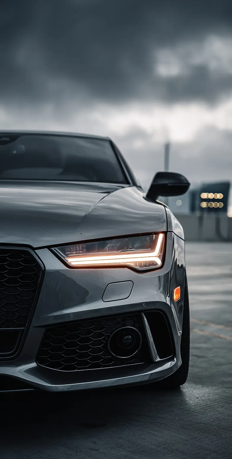 Gray Audi RS7 parked on an airport rooftop at night with headlights on and dramatic evening lighting.