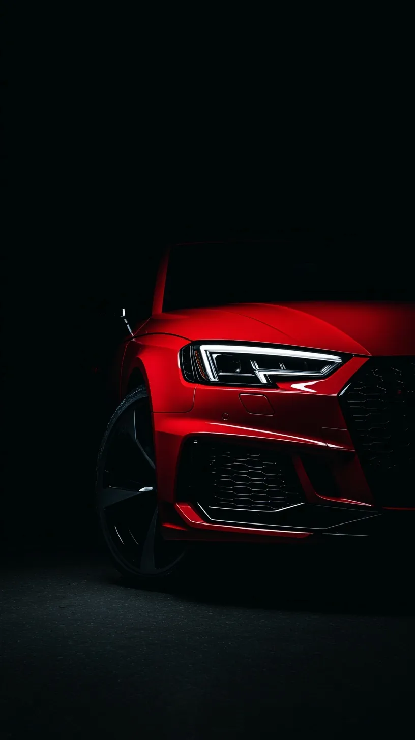 Sleek red Audi sports car silhouette isolated on a solid black background, perfect for high-quality phone wallpaper.