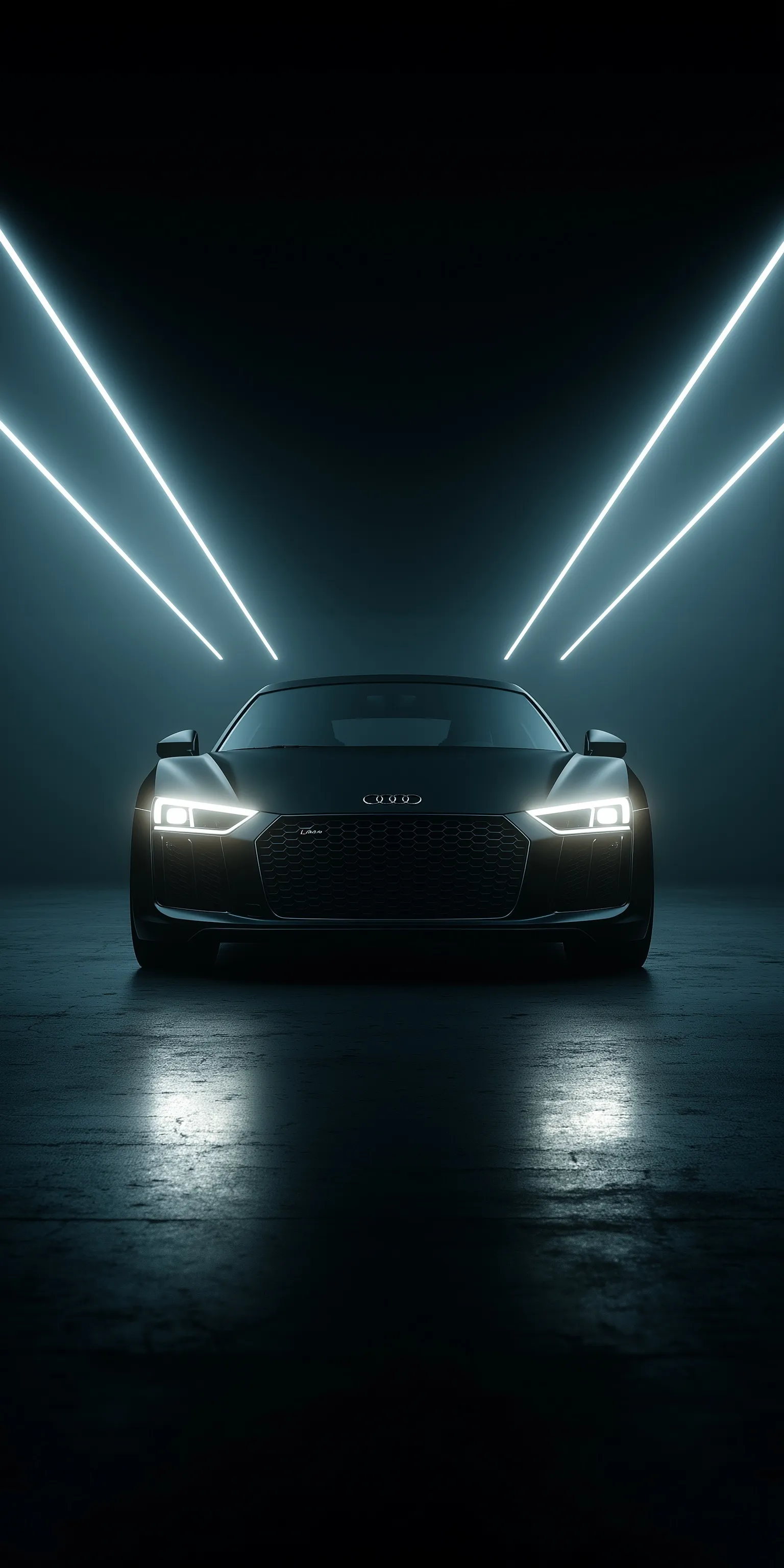 A sleek, matte black Audi car in a cinematic studio setting, perfect for a high-quality iPhone wallpaper.