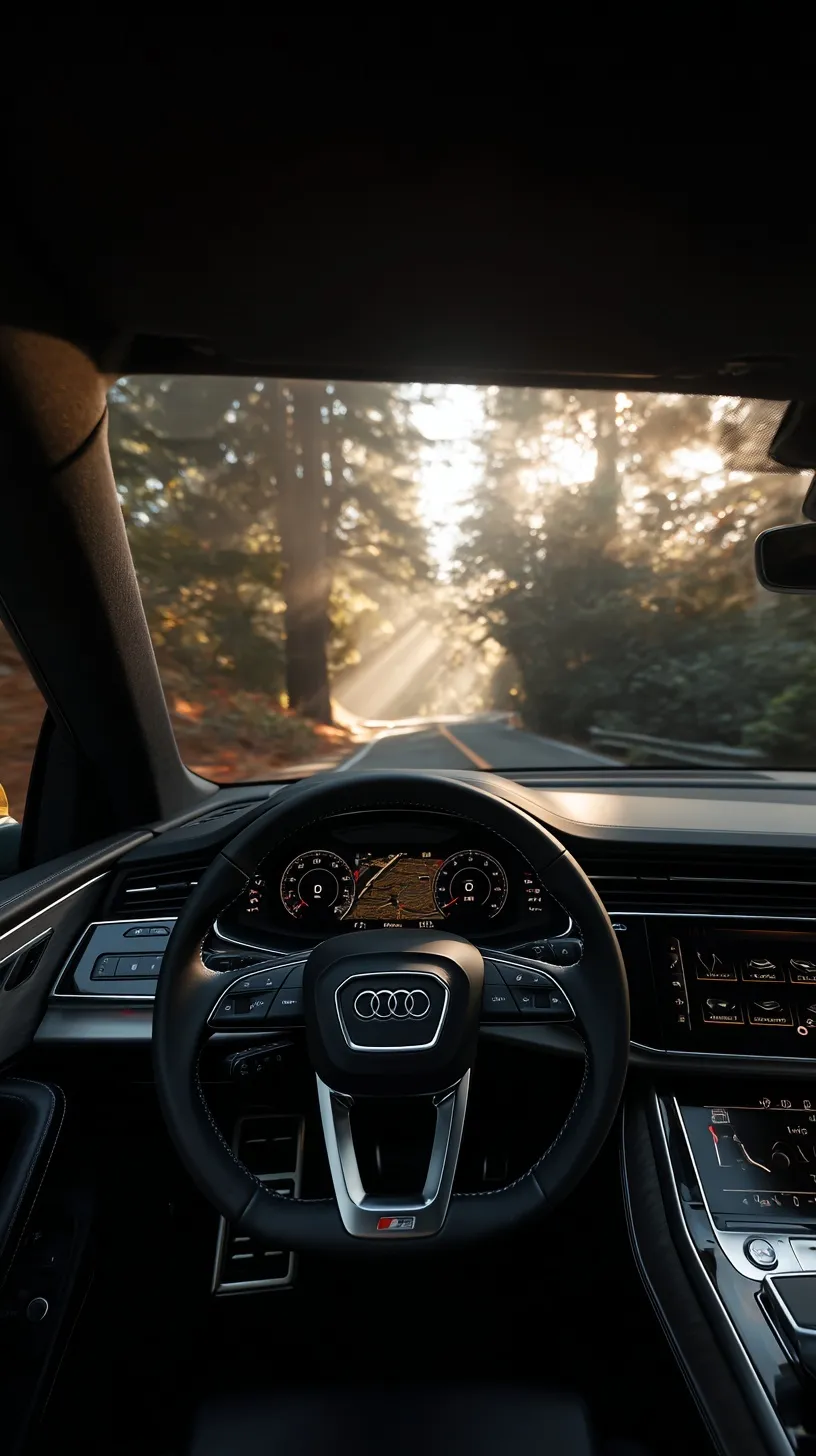 View from inside an Audi Q8 car cockpit featuring a luxury steering wheel and digital dashboard for mobile wallpaper.