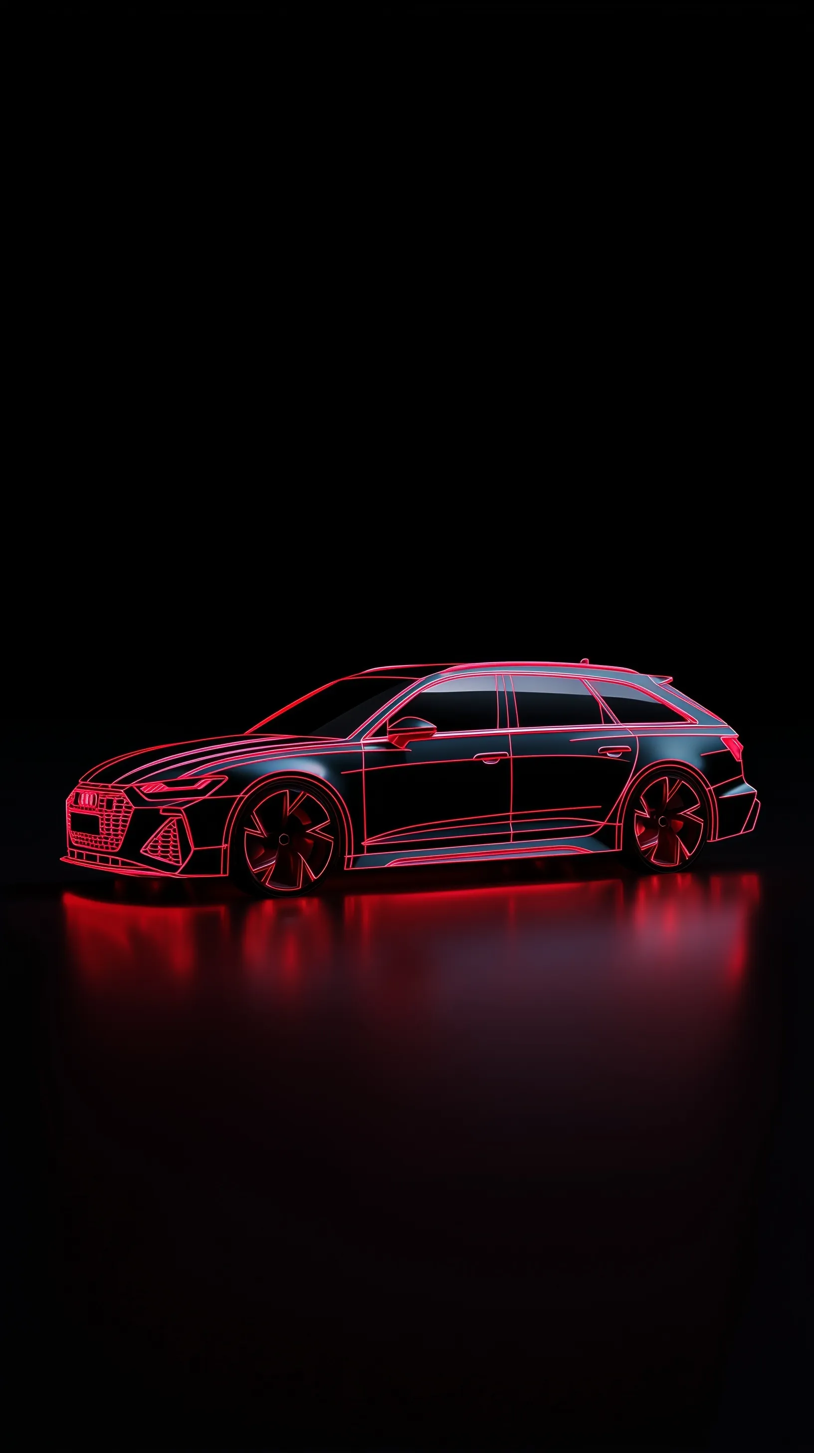 Audi RS6 Avant with glowing red neon wireframe outlines against a deep black background, futuristic car aesthetic.