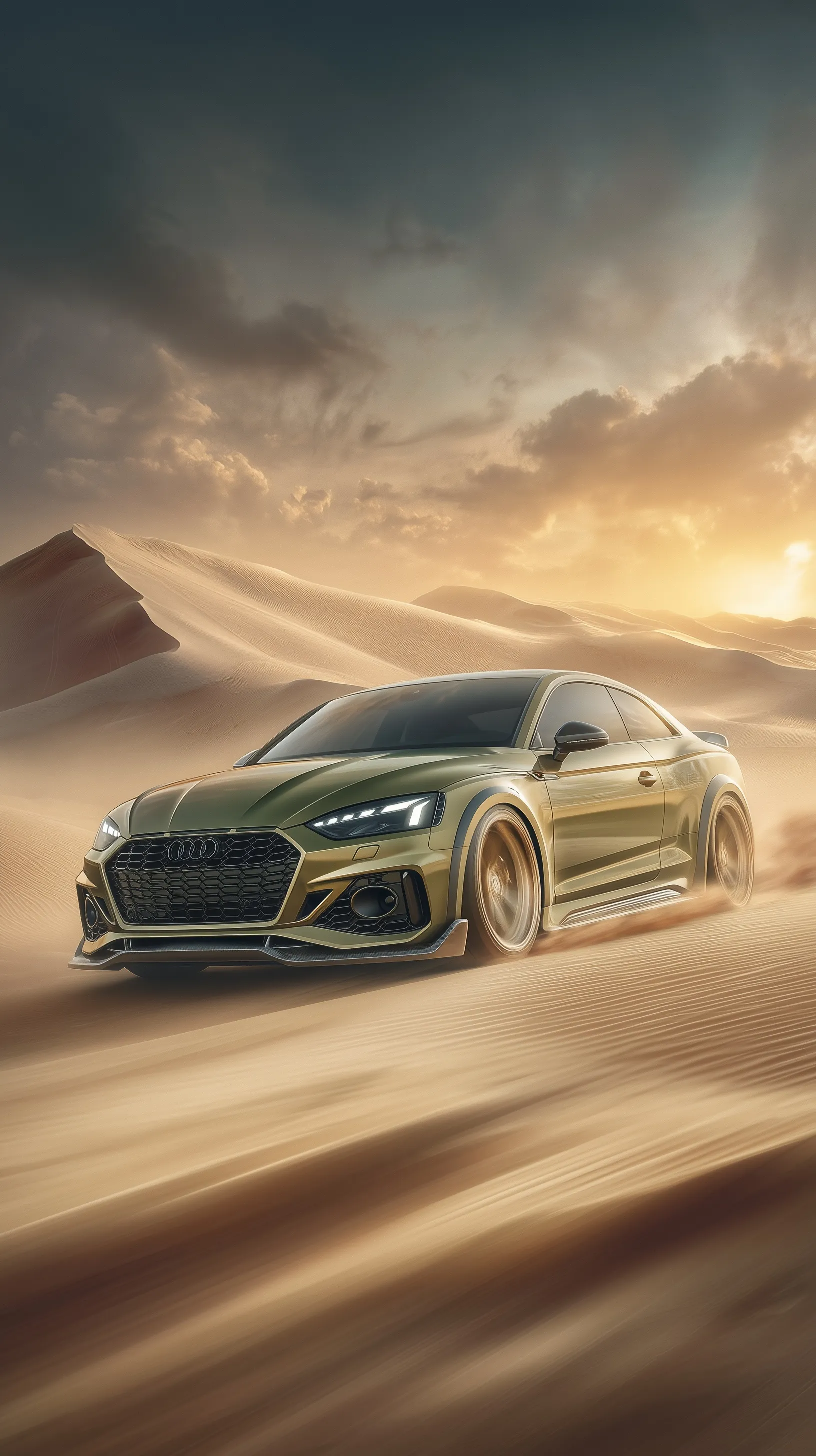 A cinematic low-angle shot of a metallic green Audi RS5 driving over a desert dune during a golden hour sunset.