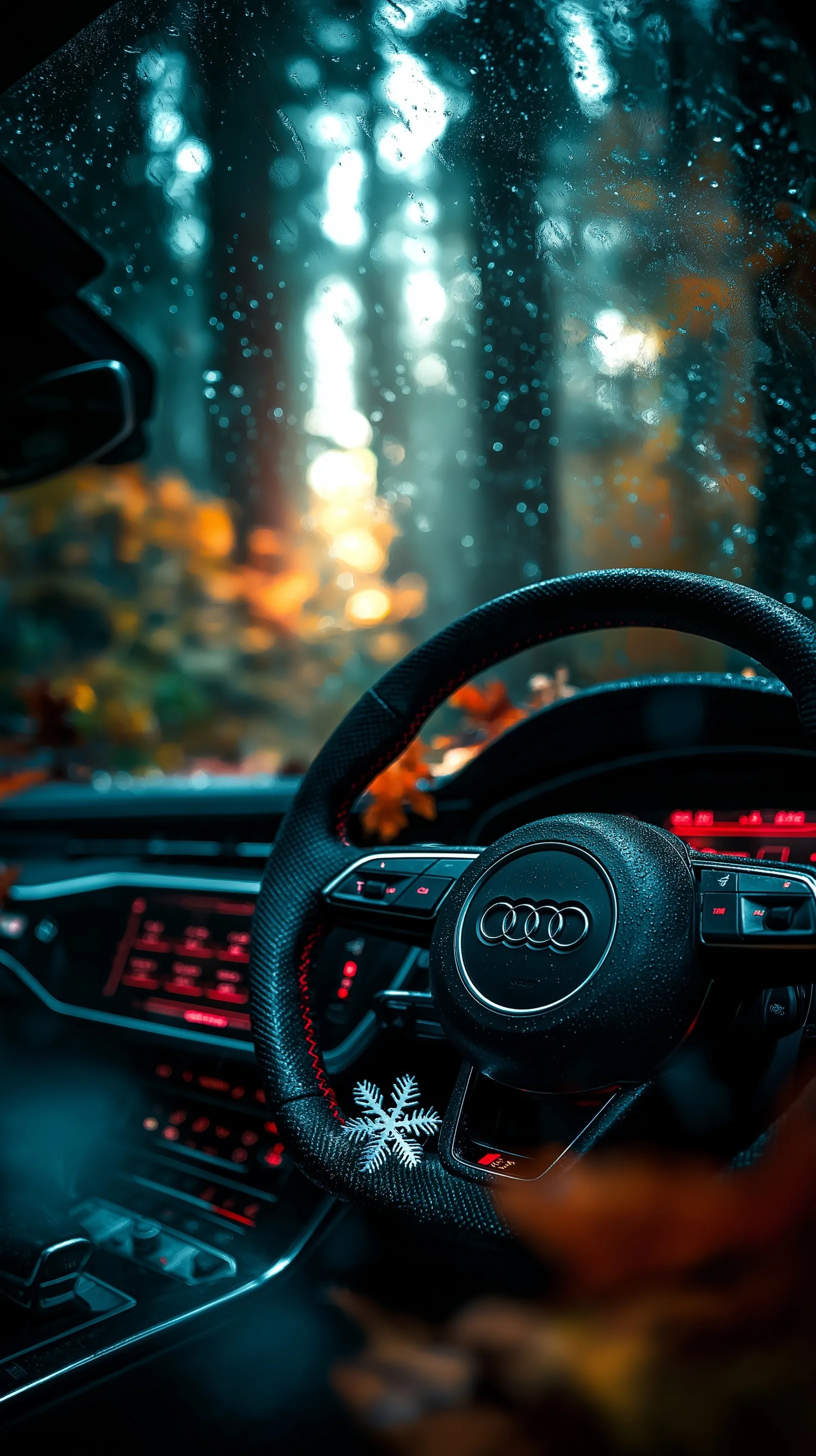 POV driver view of a black Audi RS 6 parked in a serene, snowy winter forest with cinematic lighting.