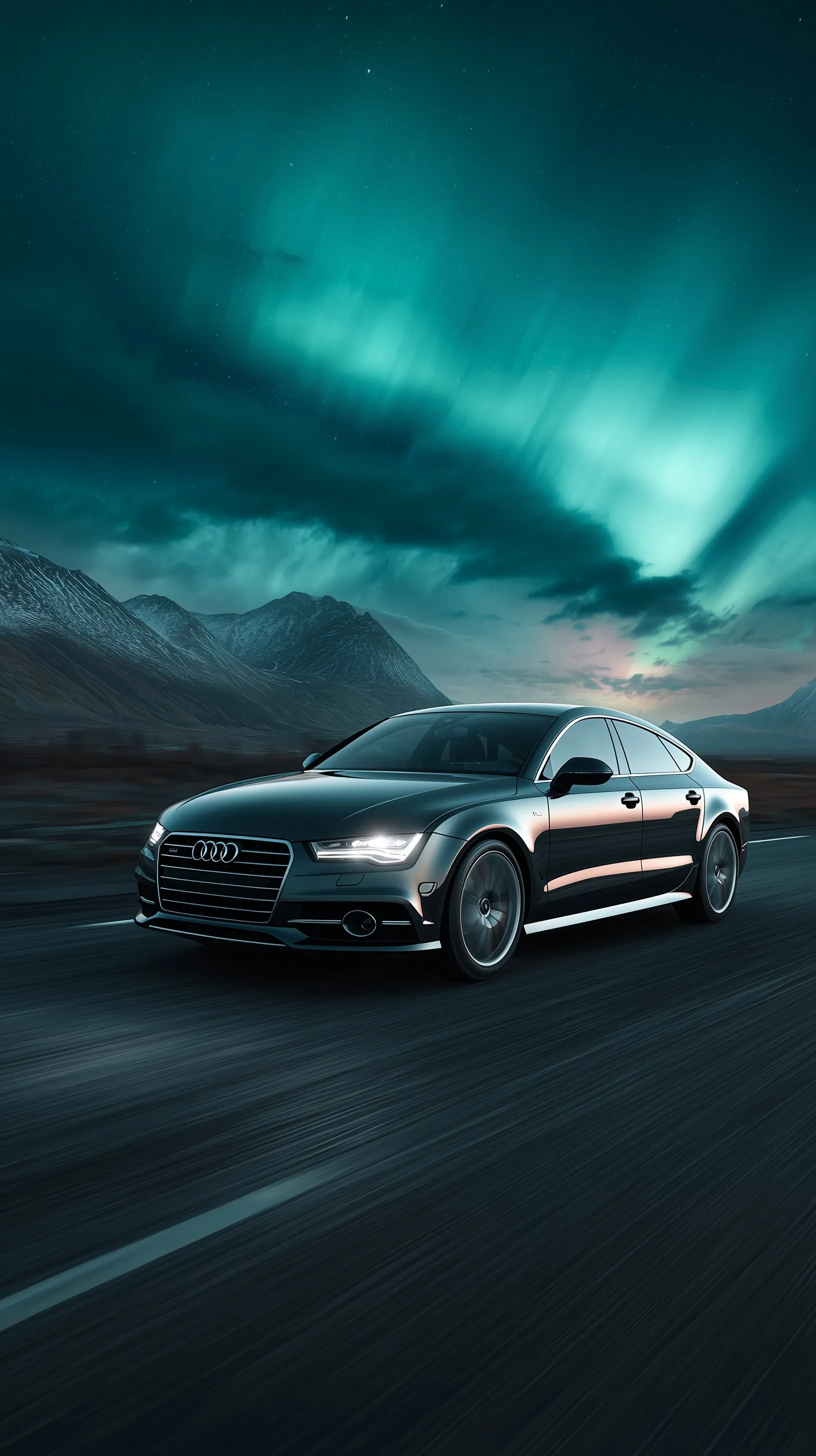 Dark silver Audi A7 driving fast on a night road under vibrant aurora borealis lights, hyperrealistic style.