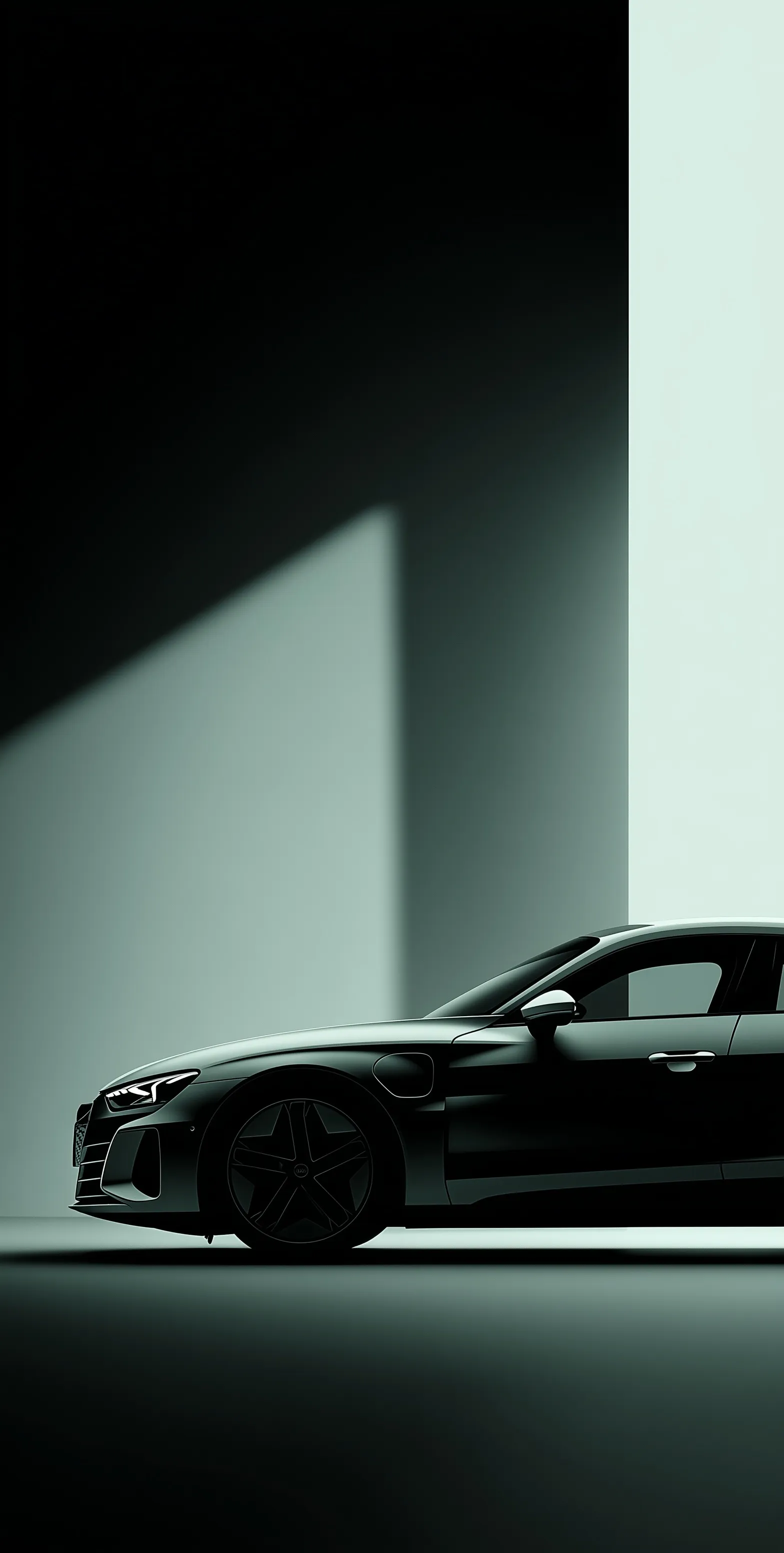 Minimalist Audi E-tron GT iPhone wallpaper in dark gray and light green with a sleek, modern black gradient background.