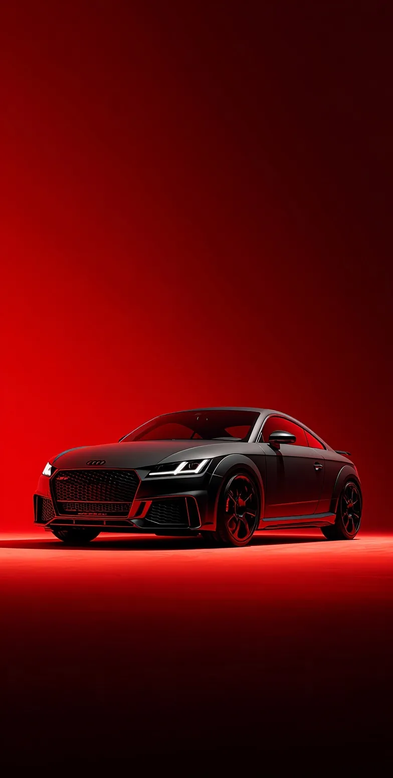A minimalist black Audi RS coupe car wallpaper with cinematic red gradient lighting for iPhone.