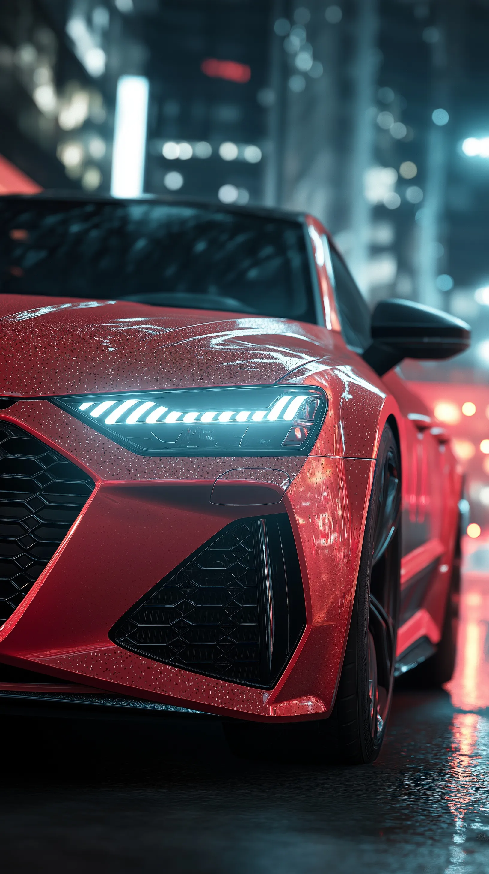Ultra-realistic 2025 Audi RS7 front grille with glowing logo in a cinematic night urban setting, vertical wallpaper.