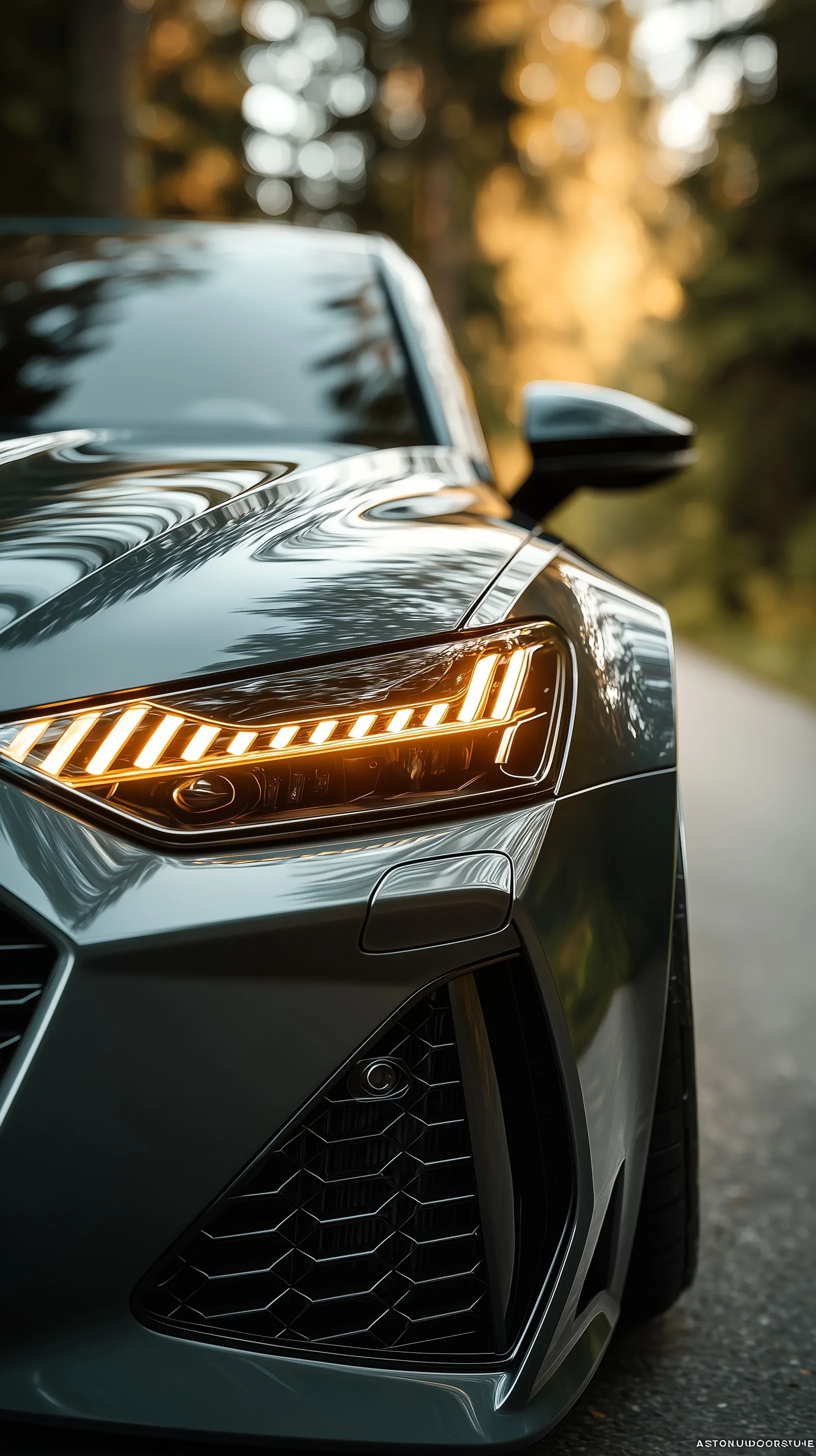 Macro close-up of a 2025 Audi RS7 Matrix LED headlight with forest reflections, perfect for iPhone wallpaper.