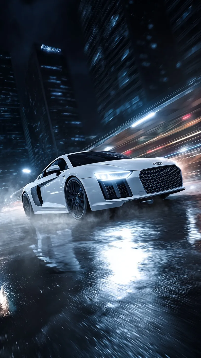 A sleek Audi R8 supercar on a wet city street at night with cinematic headlight beams and motion blur.