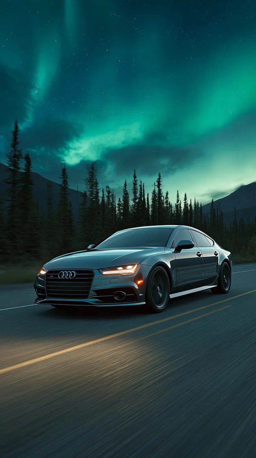 A dark silver Audi A7 driving fast on a plains road at night under the aurora borealis, hyperrealistic style.