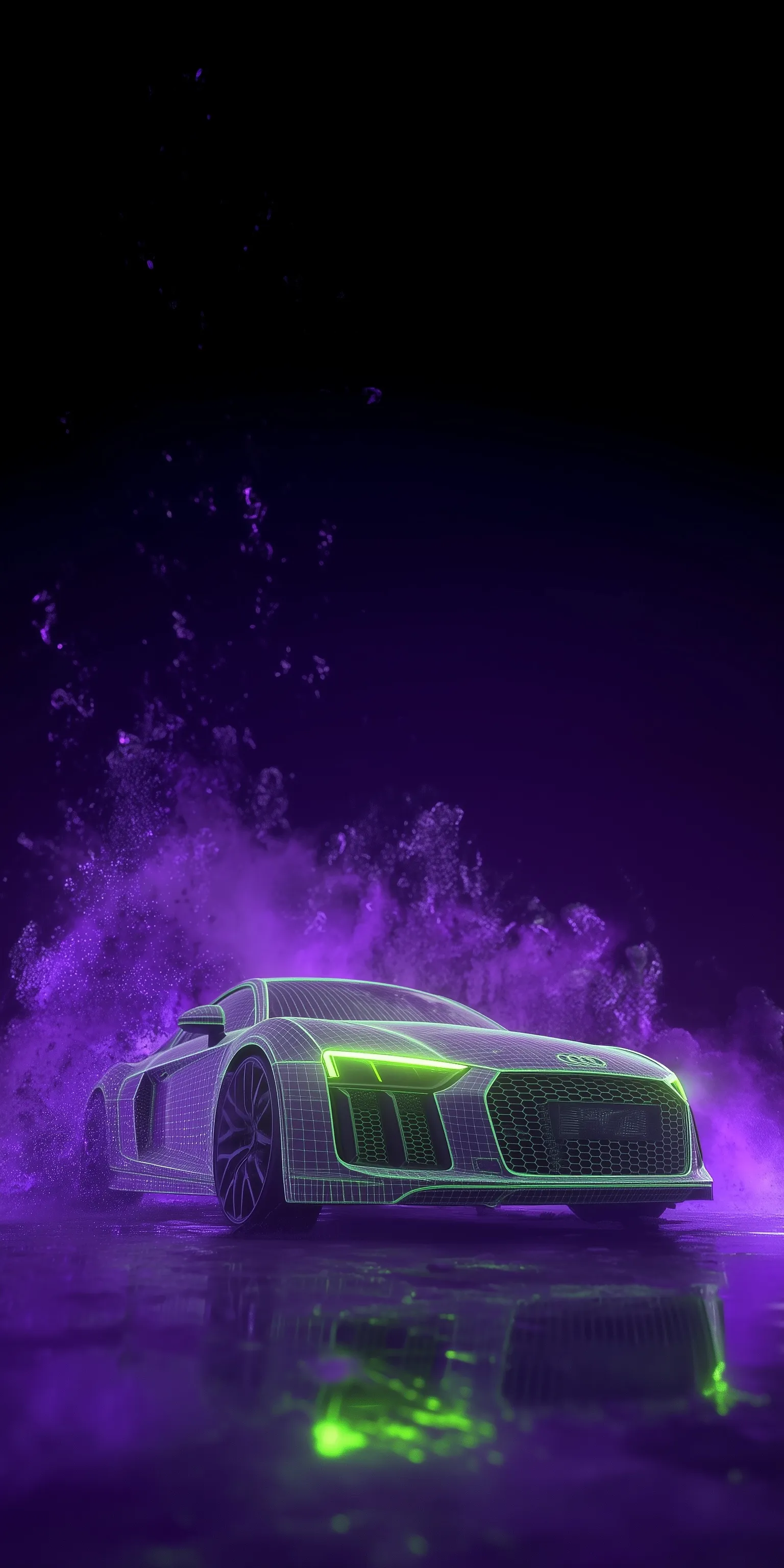 Cyberpunk 2025 Audi R8 silhouette with digital binary particles and glowing green data matrix on purple background.