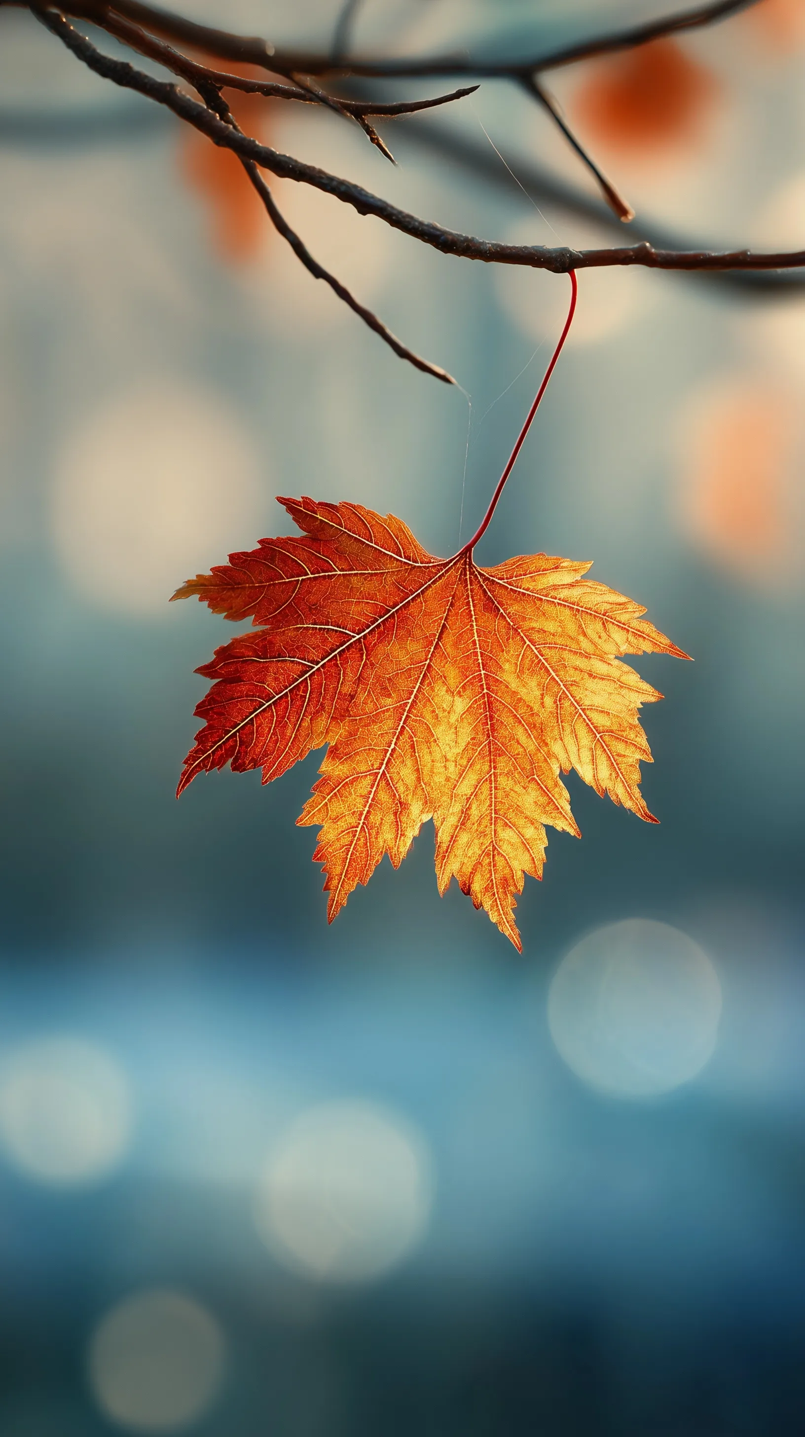 A 4K close-up of a single maple leaf on a branch with a blurry bokeh background, perfect for an autumn iPhone wallpaper.
