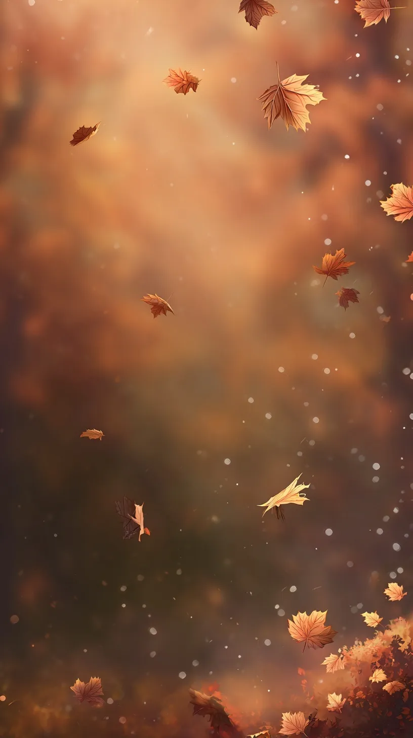 Portrait autumn iPhone wallpaper with warm orange and brown forest tones and softly blurred falling leaves.