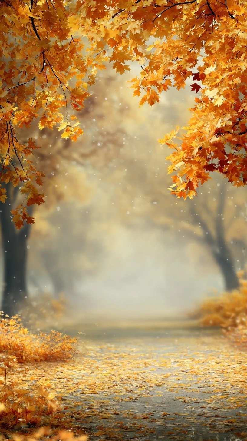 Vertical autumn iPhone wallpaper featuring a golden, leaf-strewn tree-lined avenue with orange maple leaves.