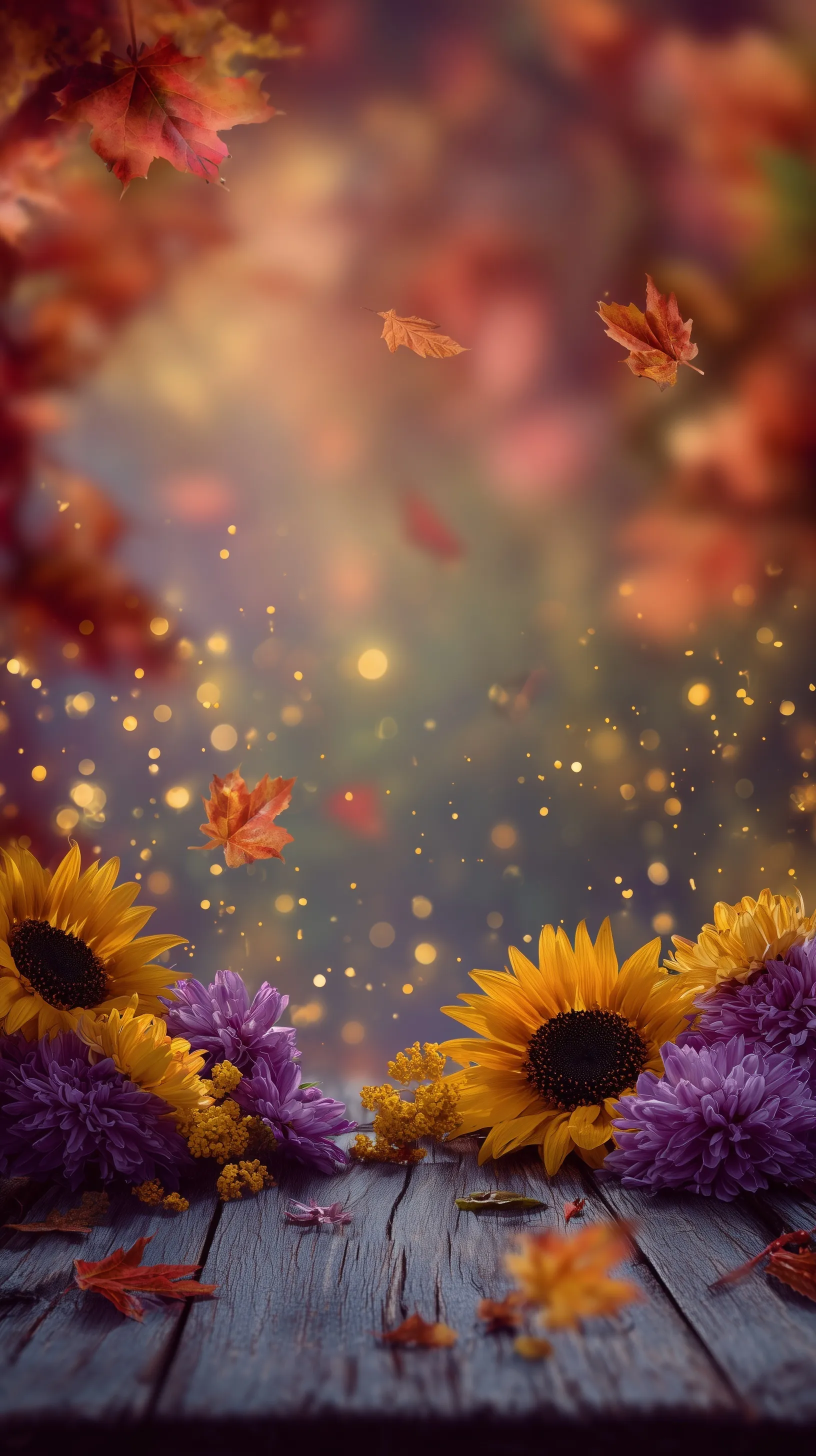 Cozy autumn iPhone wallpaper featuring falling maple leaves, sunflowers, and purple flowers on a rustic wooden floor.