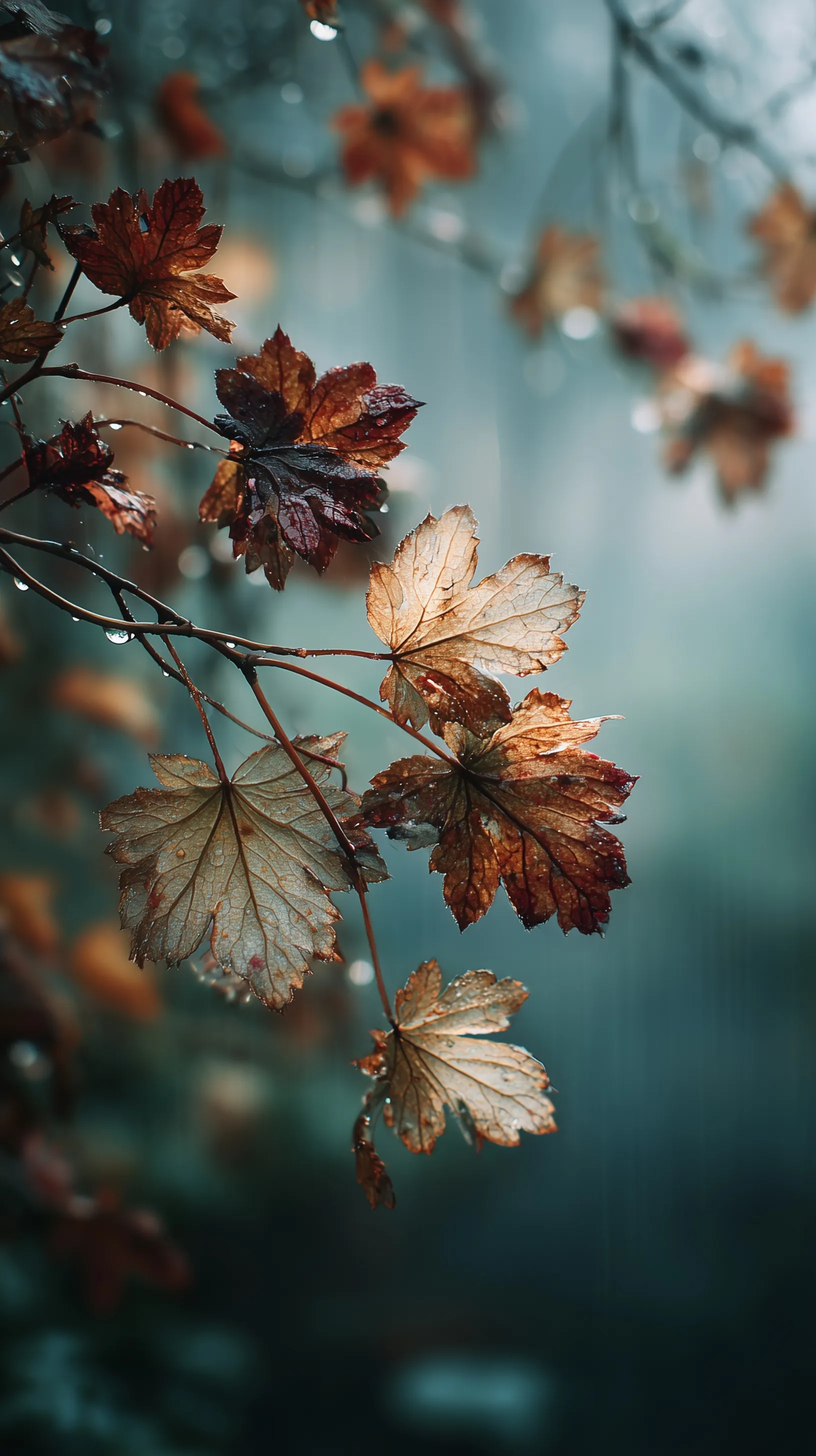 Cozy autumn leaves with misty rain drops, moody earth-toned foliage for a warm aesthetic iPhone wallpaper.
