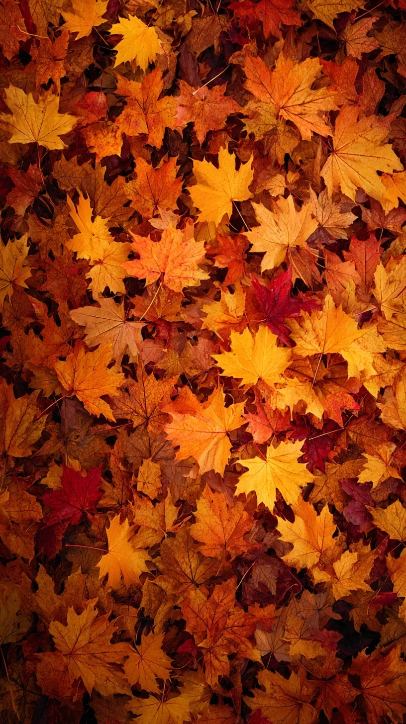 A top-down view of a dense carpet of vibrant orange, yellow, and red autumn maple leaves for iPhone wallpaper.