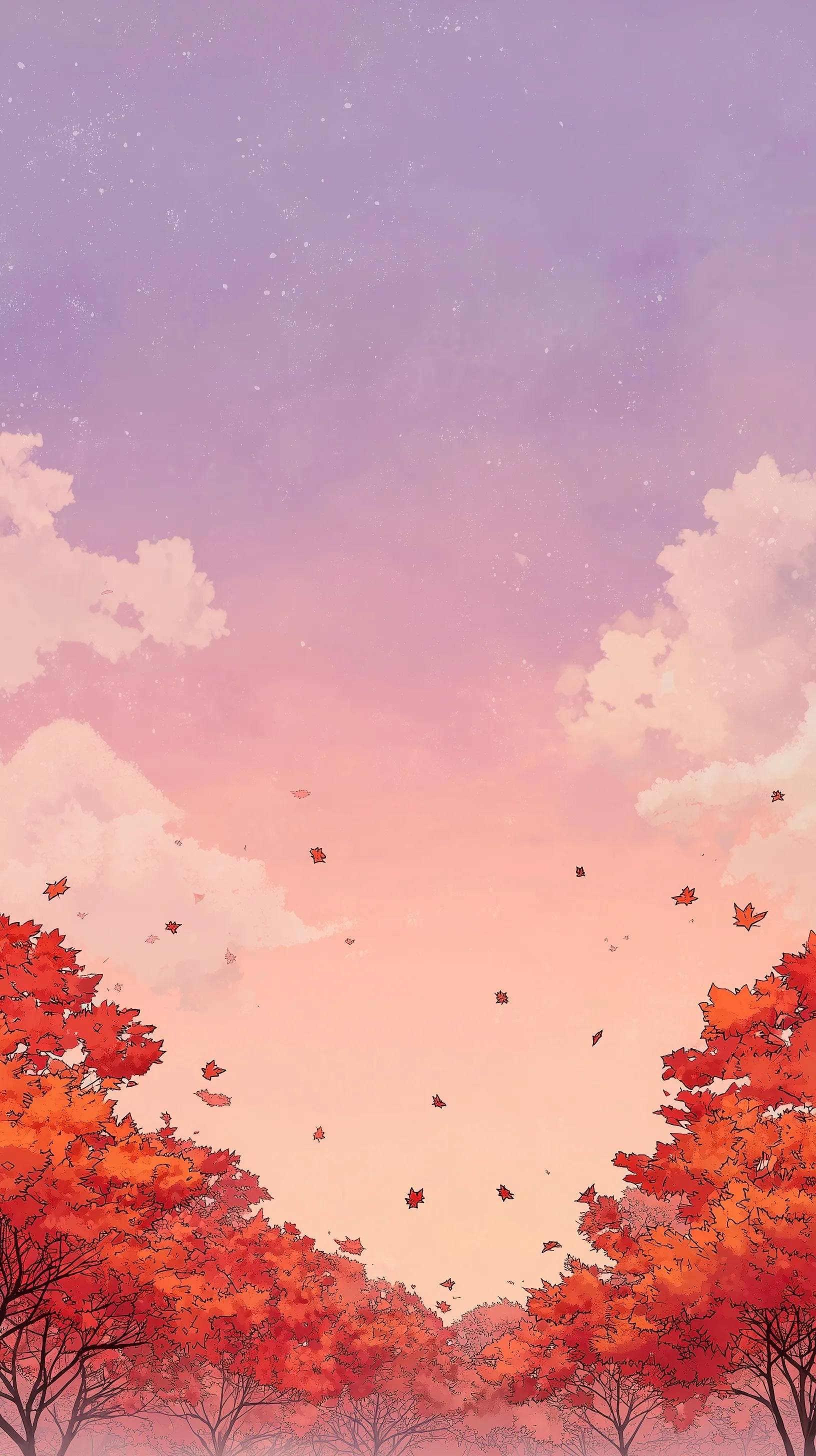 Autumn iPhone wallpaper featuring vibrant maple leaves against a pastel lavender and peach sunset sky.