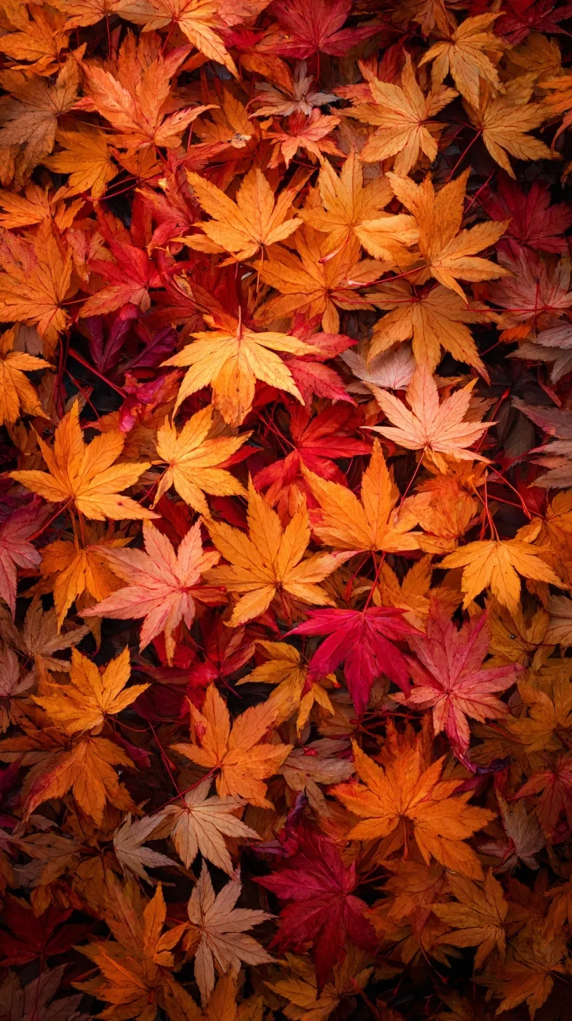 A top-down view of a dense carpet of vibrant orange, gold, and red autumn maple leaves for an iPhone wallpaper.
